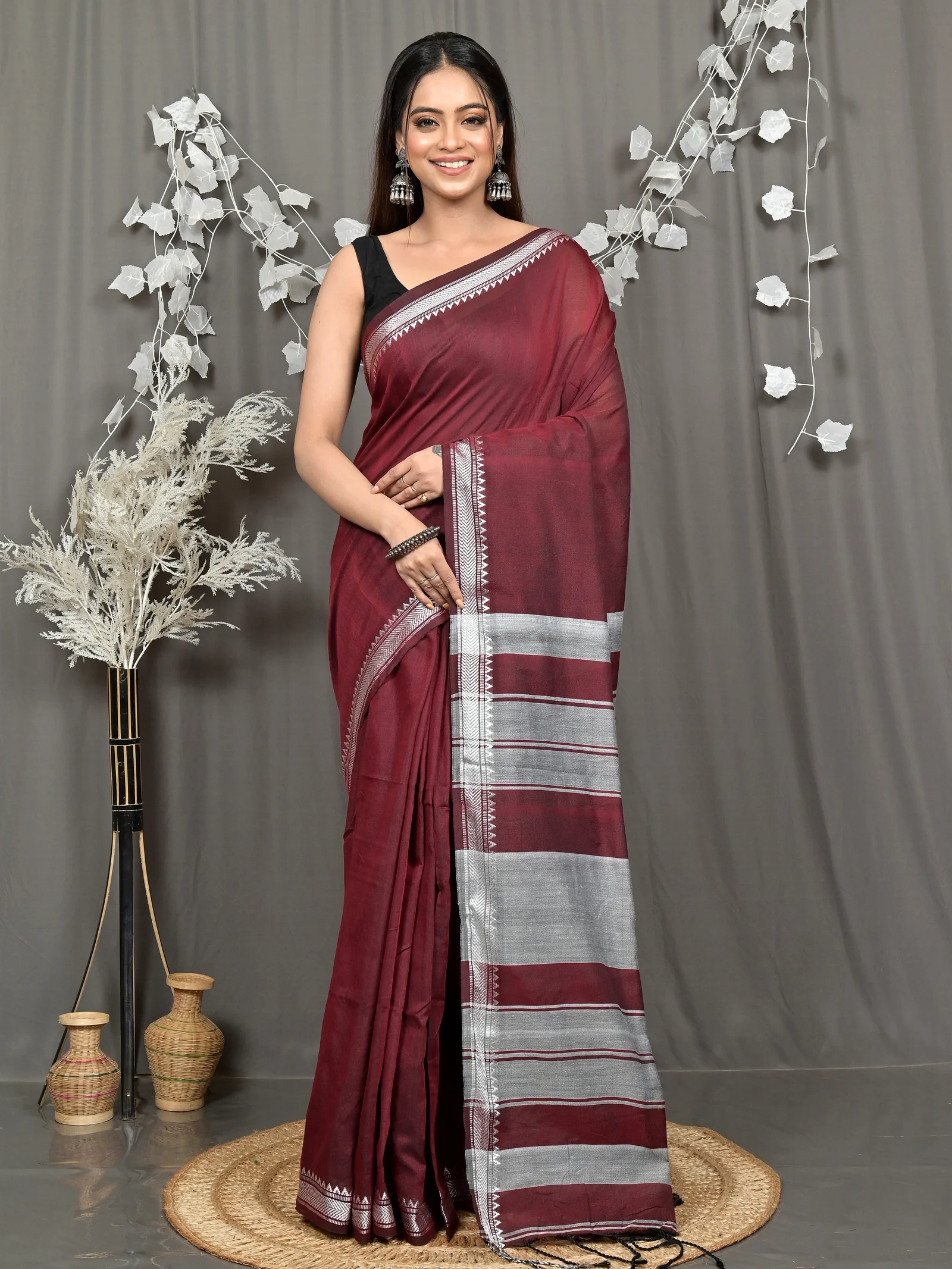 Maroon Pure Cotton Nopra Handloom Saree (2267)