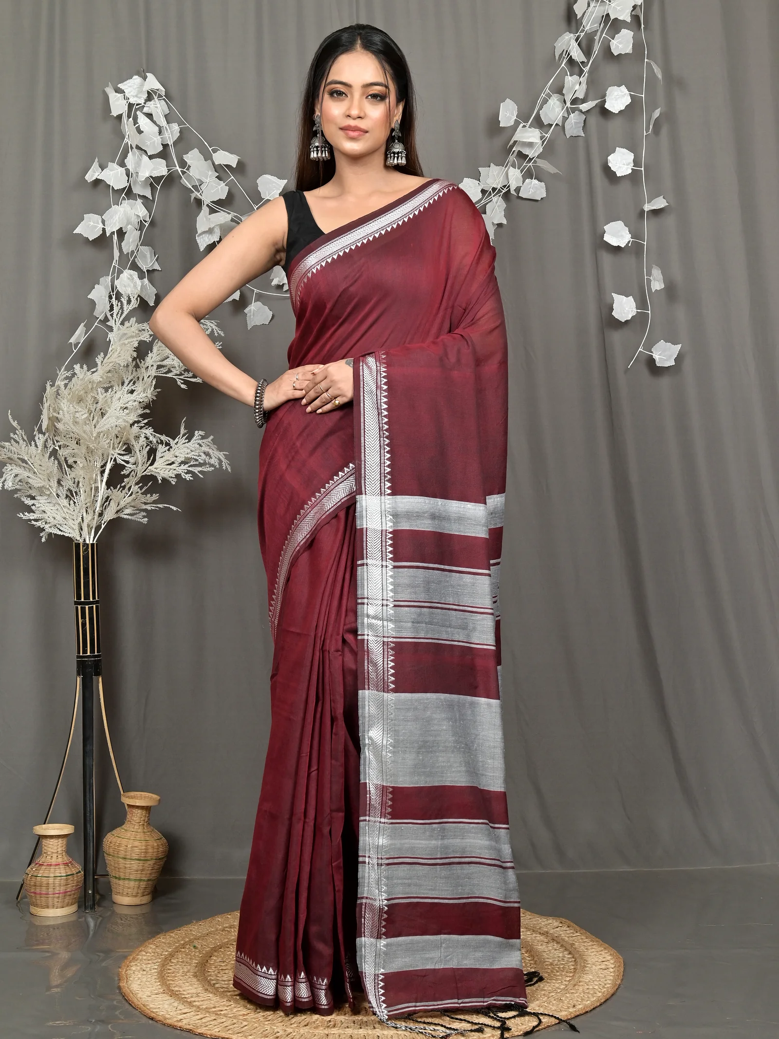 Maroon Pure Cotton Nopra Handloom Saree (2267)