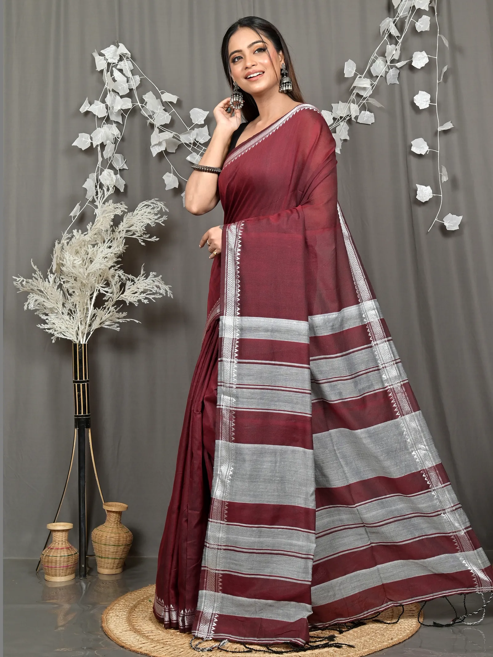Maroon Pure Cotton Nopra Handloom Saree (2267)
