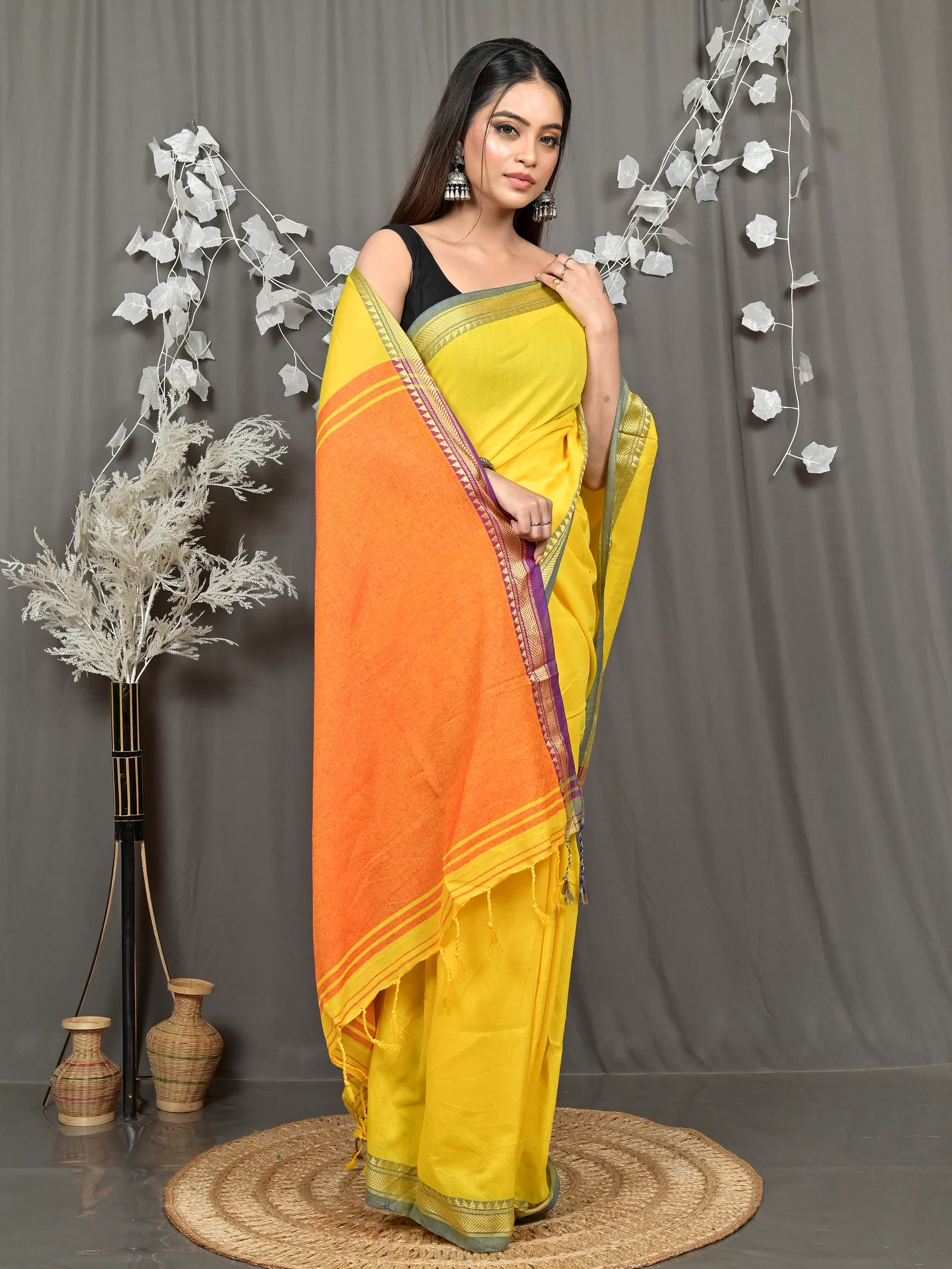 Yellow Pure Cotton Nopra Handloom Saree (2268)