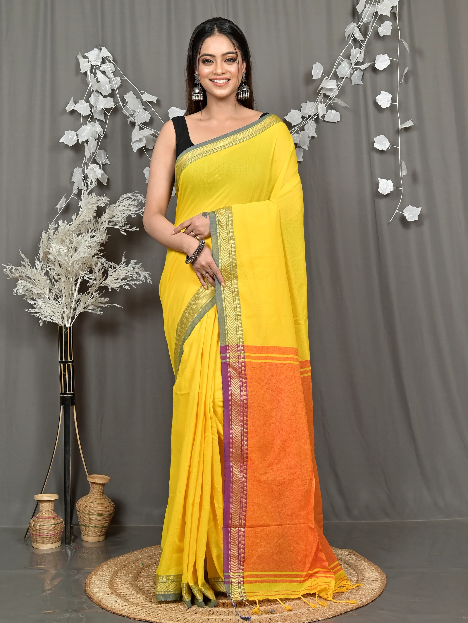 Yellow Pure Cotton Nopra Handloom Saree (2268)