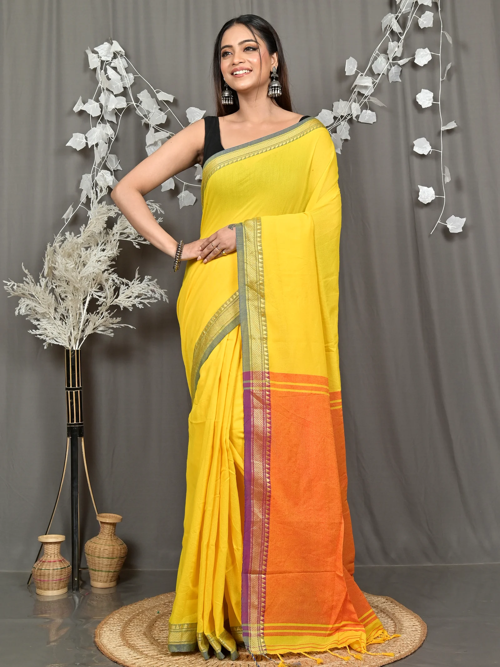 Yellow Pure Cotton Nopra Handloom Saree (2268)