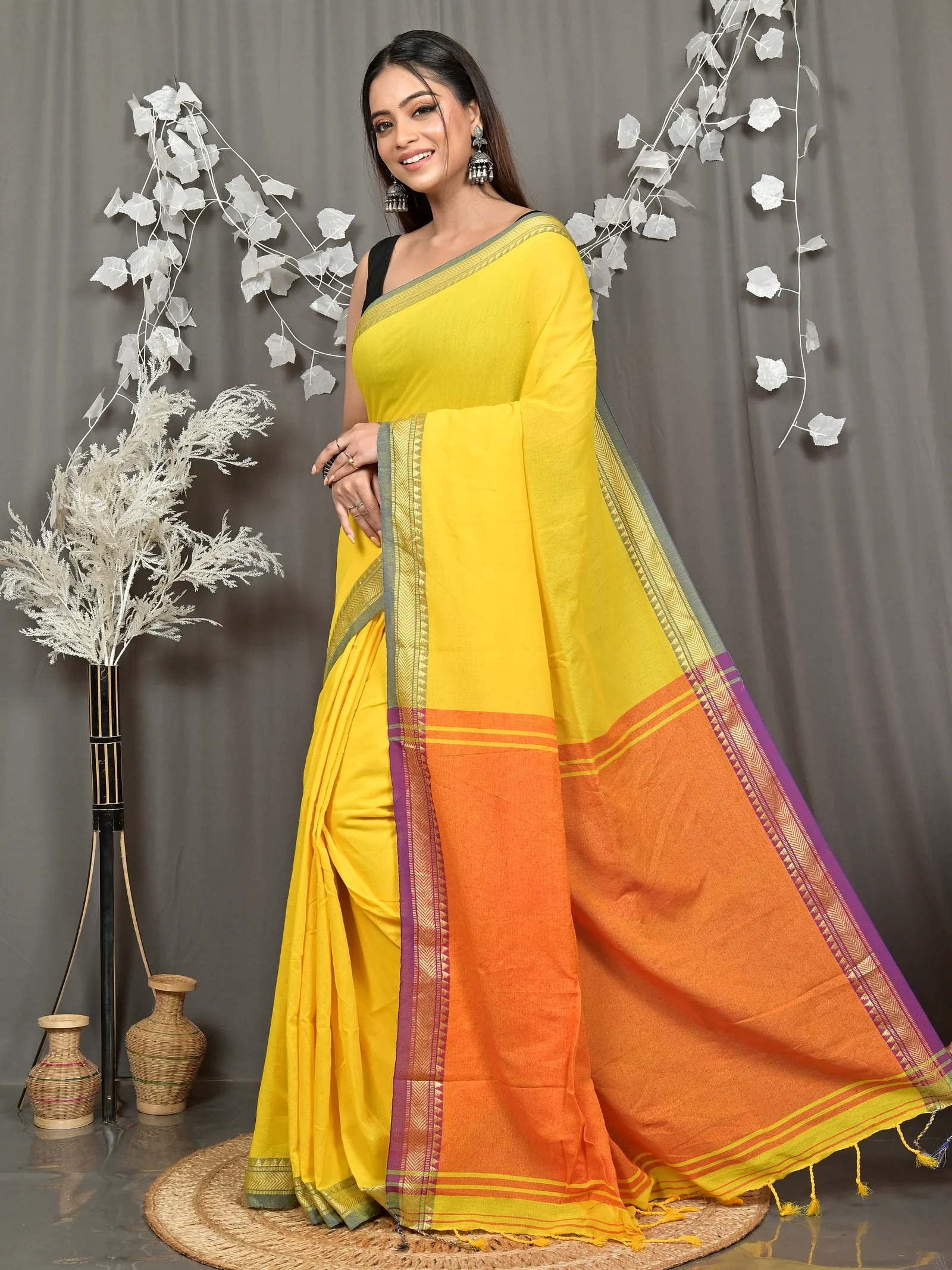 Yellow Pure Cotton Nopra Handloom Saree (2268)