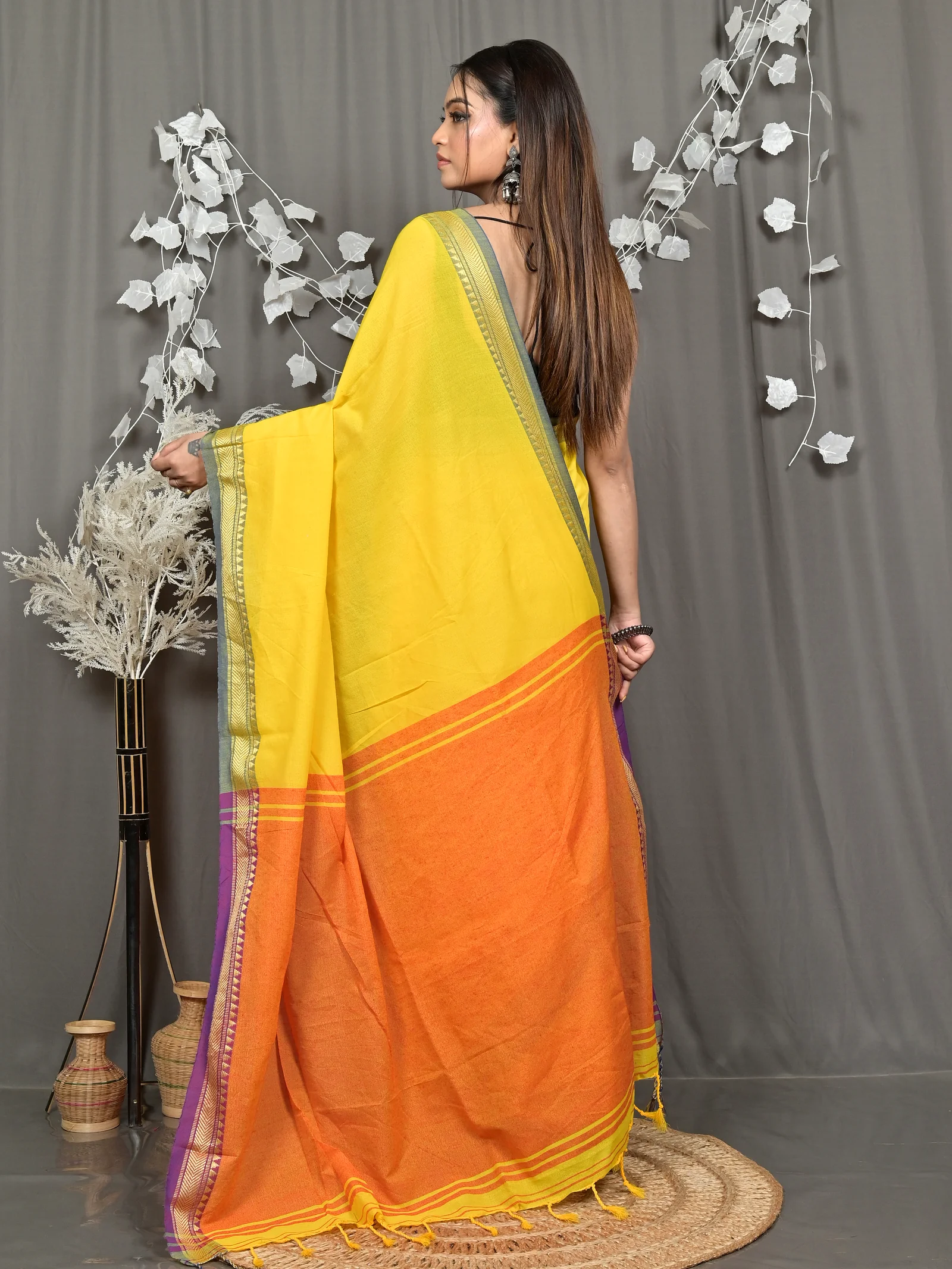 Yellow Pure Cotton Nopra Handloom Saree (2268)