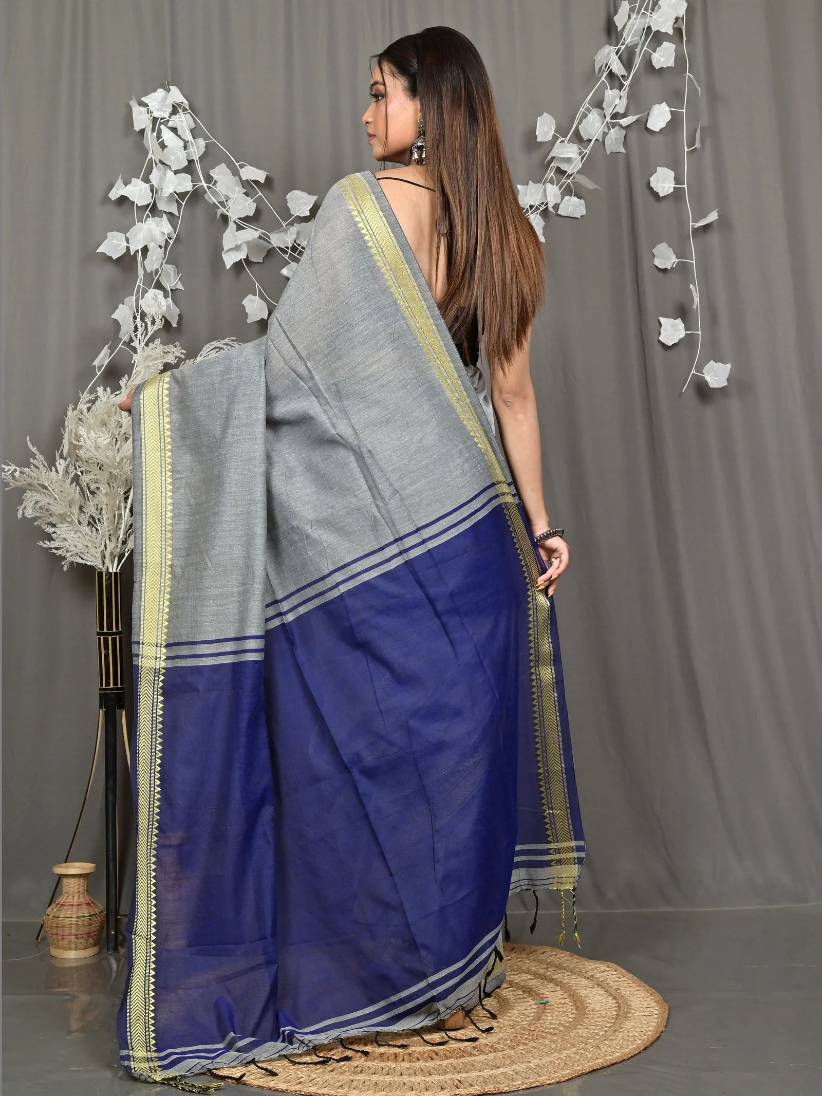 Grey Blue Pure Cotton Nopra Handloom Saree (2269)