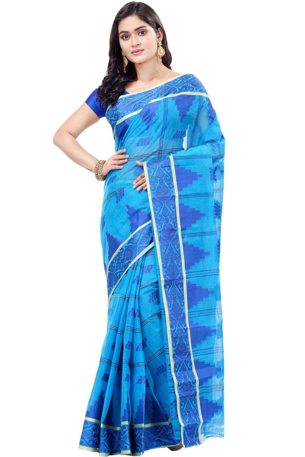Blue Pure Cotton Kamala Desiging Tant Saree (227)
