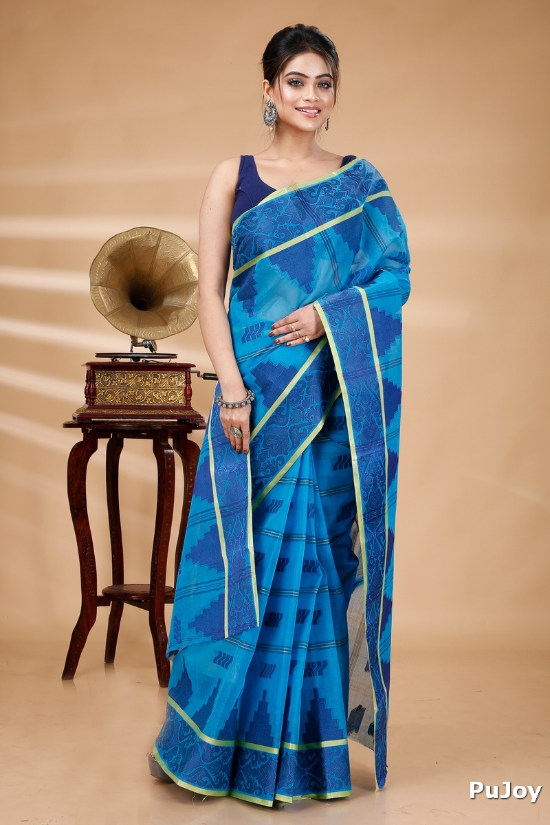 Blue Pure Cotton Kamala Desiging Tant Saree (227)