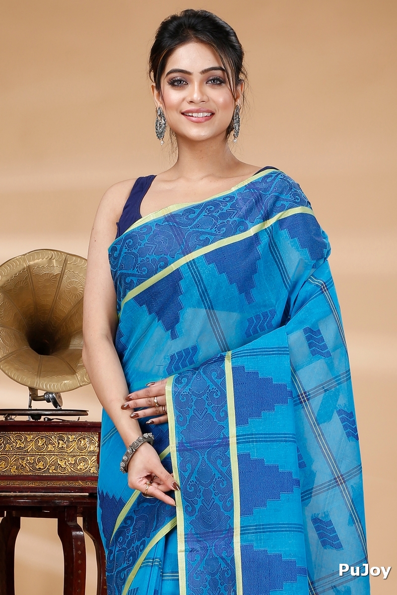 Blue Pure Cotton Kamala Desiging Tant Saree (227)