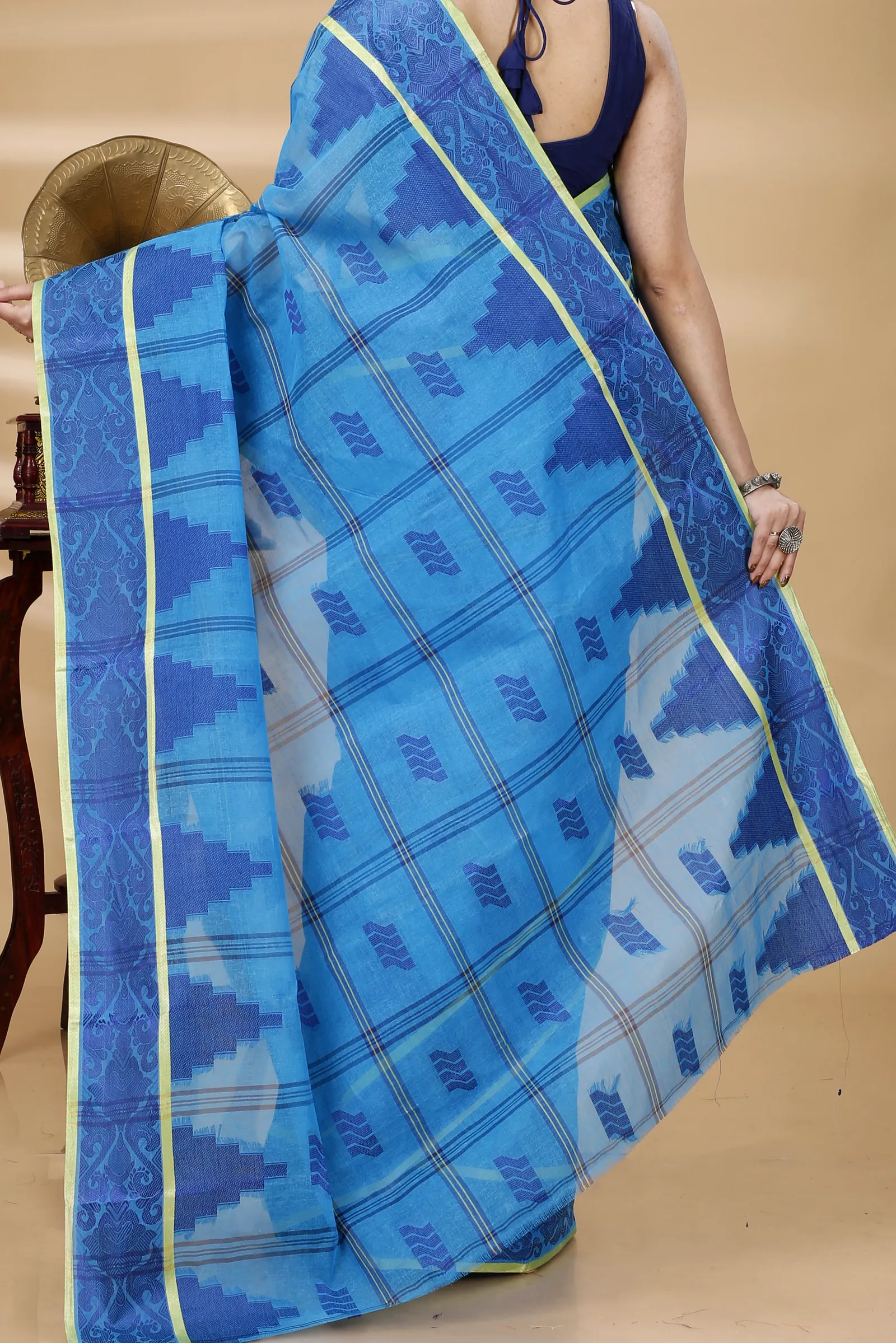 Blue Pure Cotton Kamala Desiging Tant Saree (227)