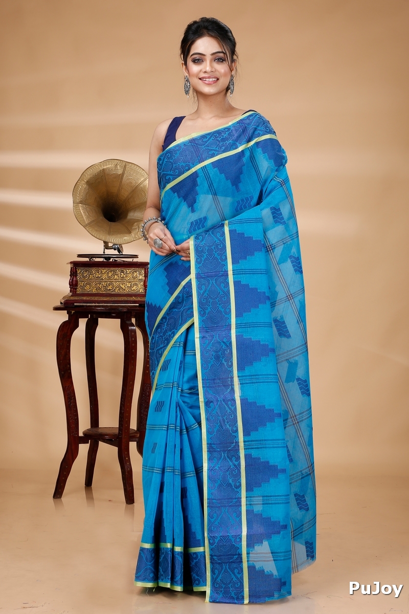 Blue Pure Cotton Kamala Desiging Tant Saree (227)