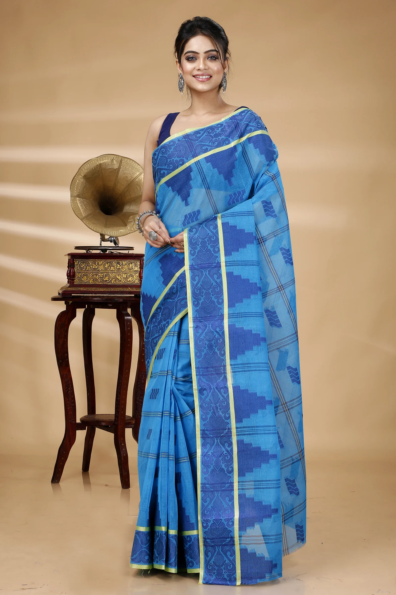 Blue Pure Cotton Kamala Desiging Tant Saree (227)