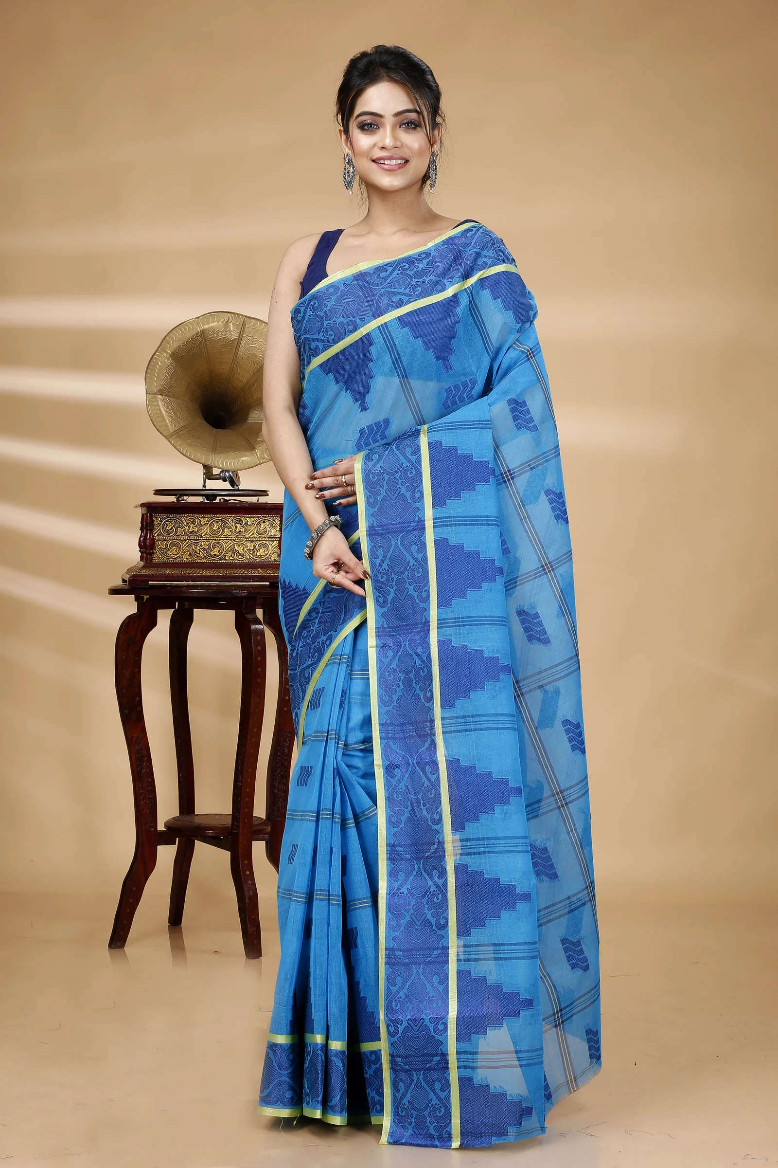 Blue Pure Cotton Kamala Desiging Tant Saree (227)