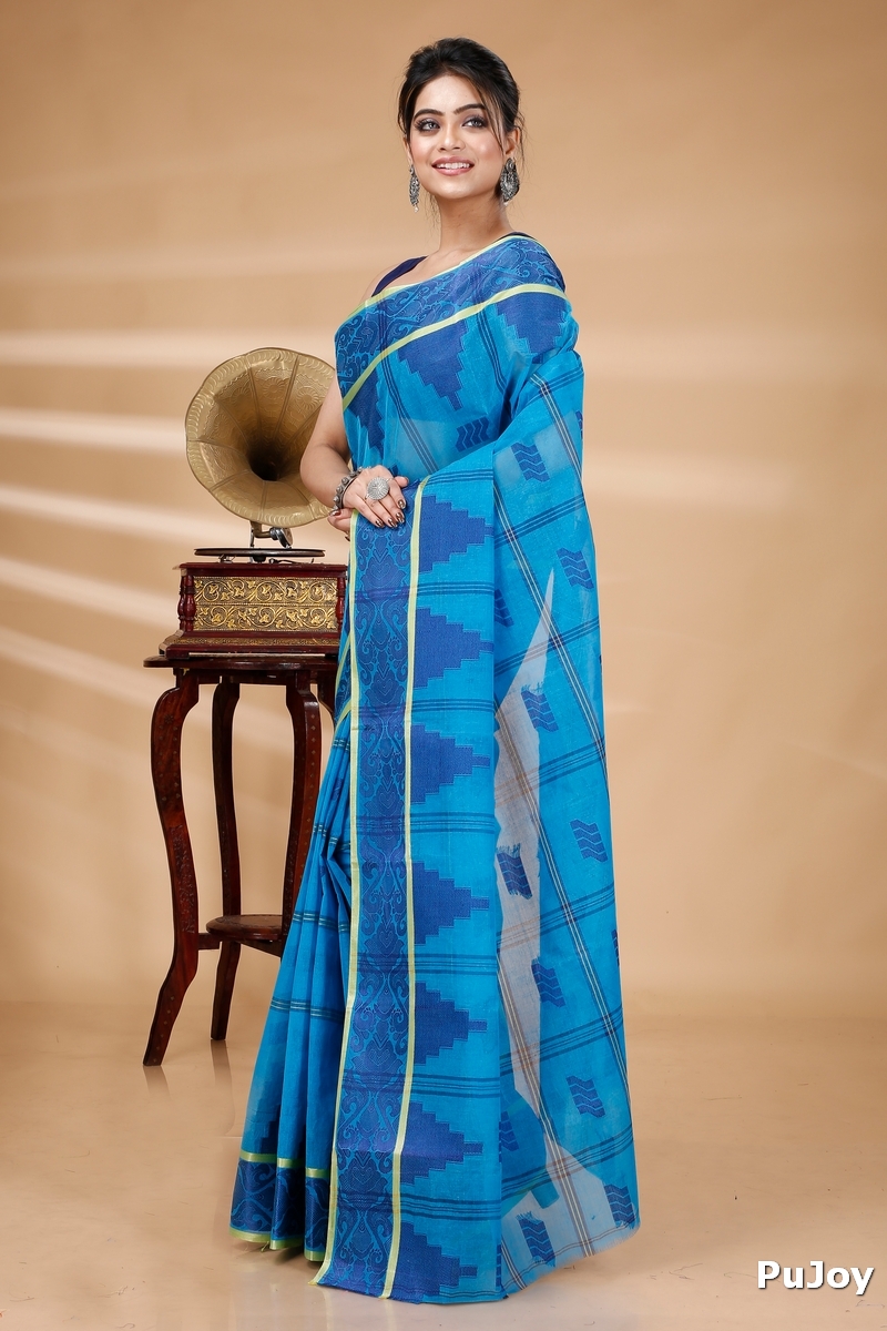 Blue Pure Cotton Kamala Desiging Tant Saree (227)