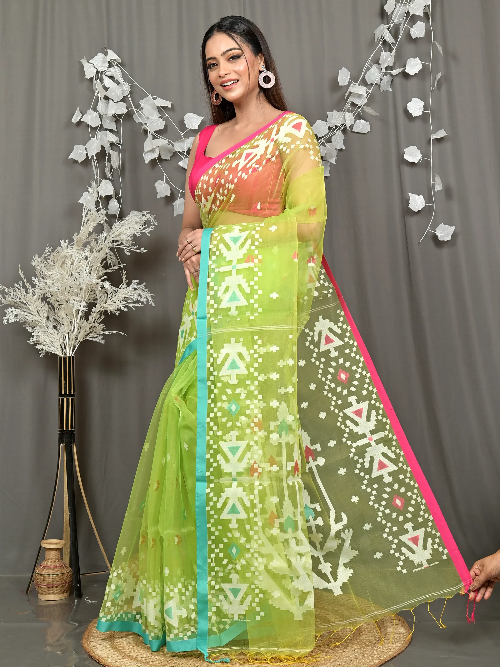 Green Cotton Nopvi Muslin saree (2271)