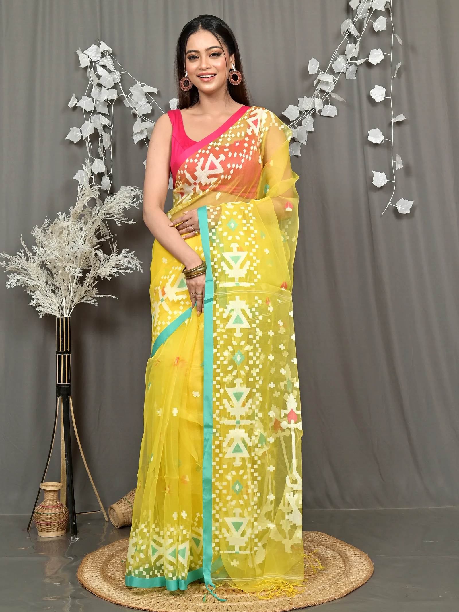 Yellow Cotton Nopvi Muslin saree (2272)
