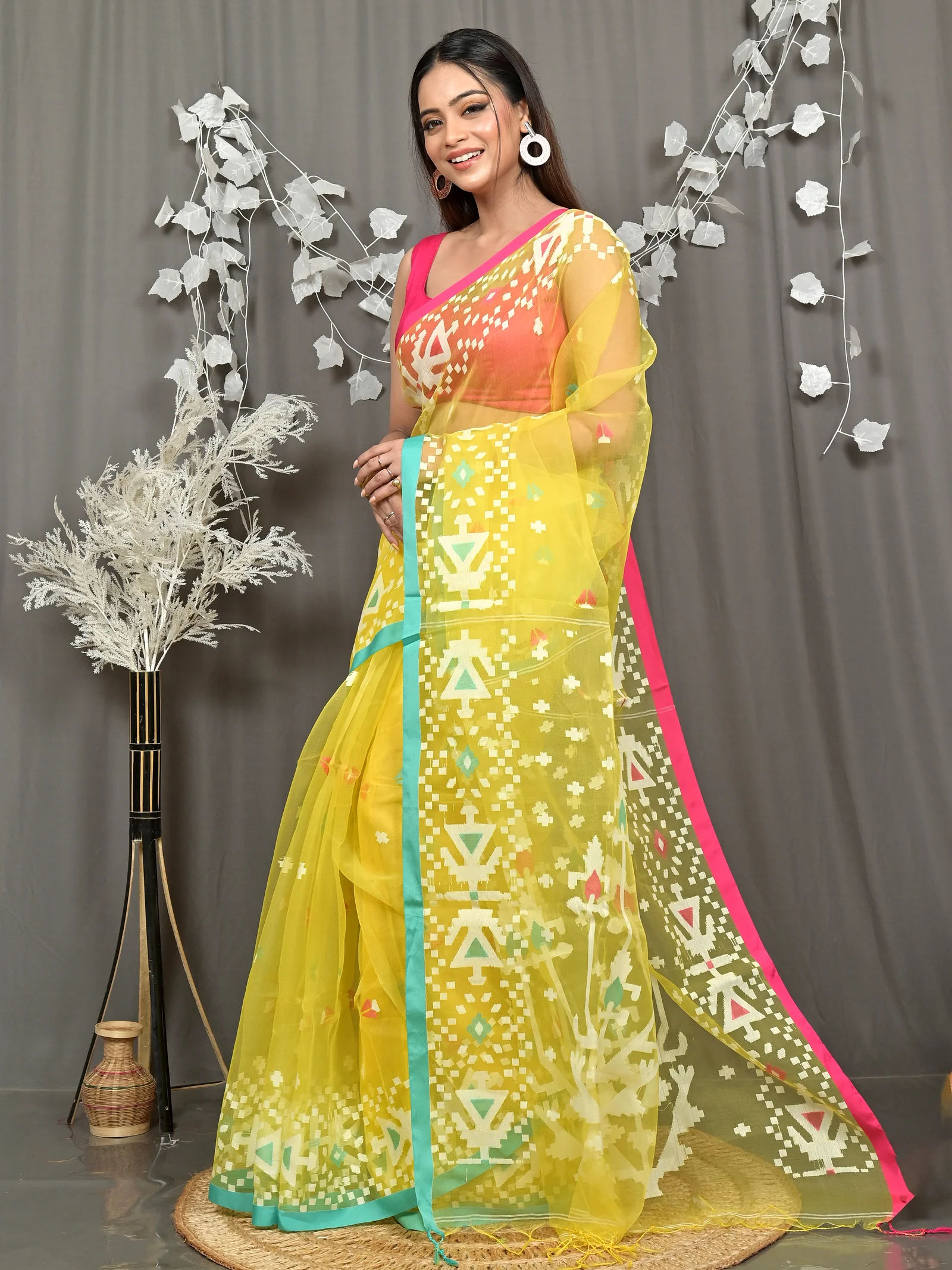 Yellow Cotton Nopvi Muslin saree (2272)