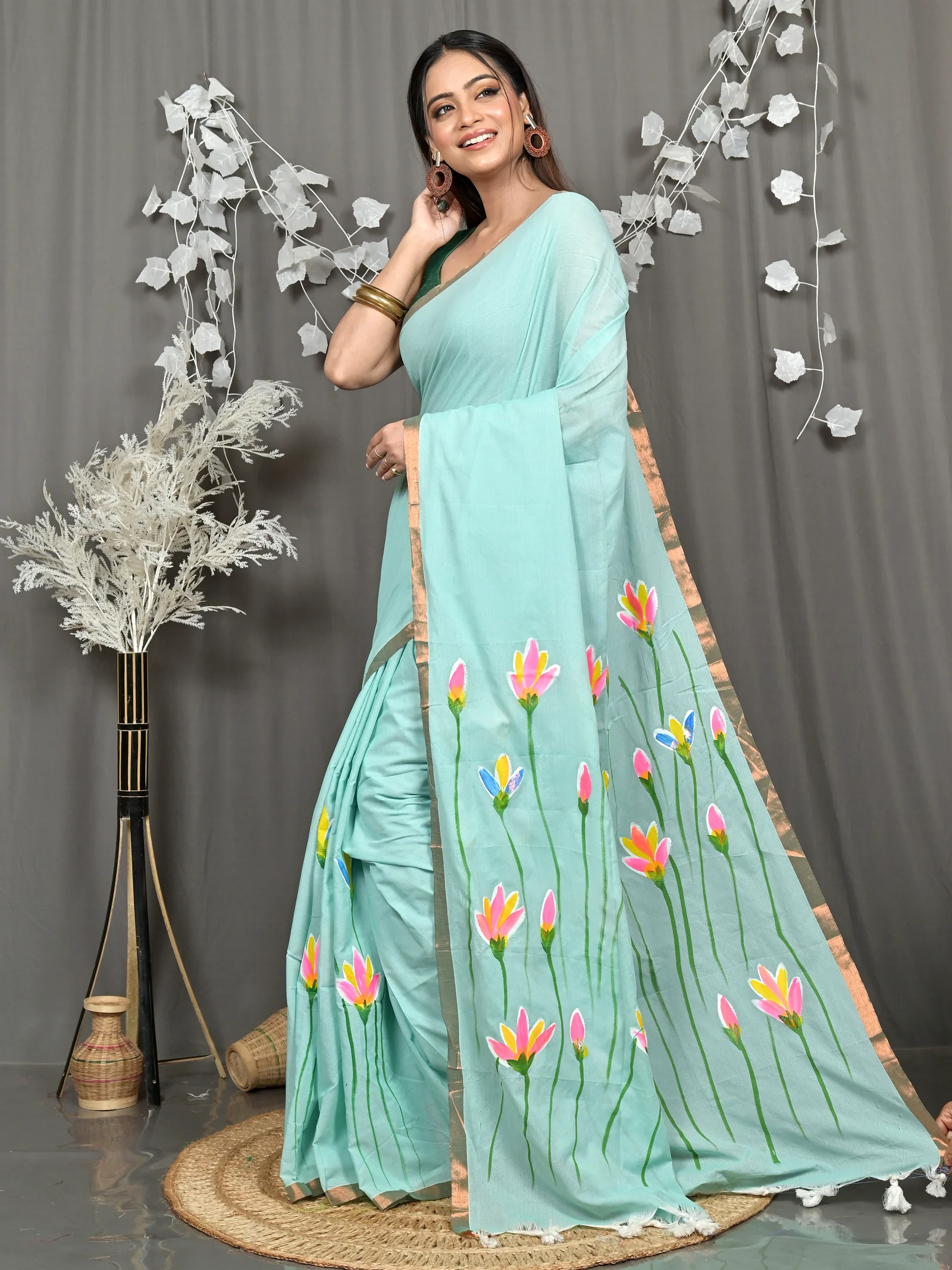 See Green Pure Cotton Norah Hand Painted Saree (2274)