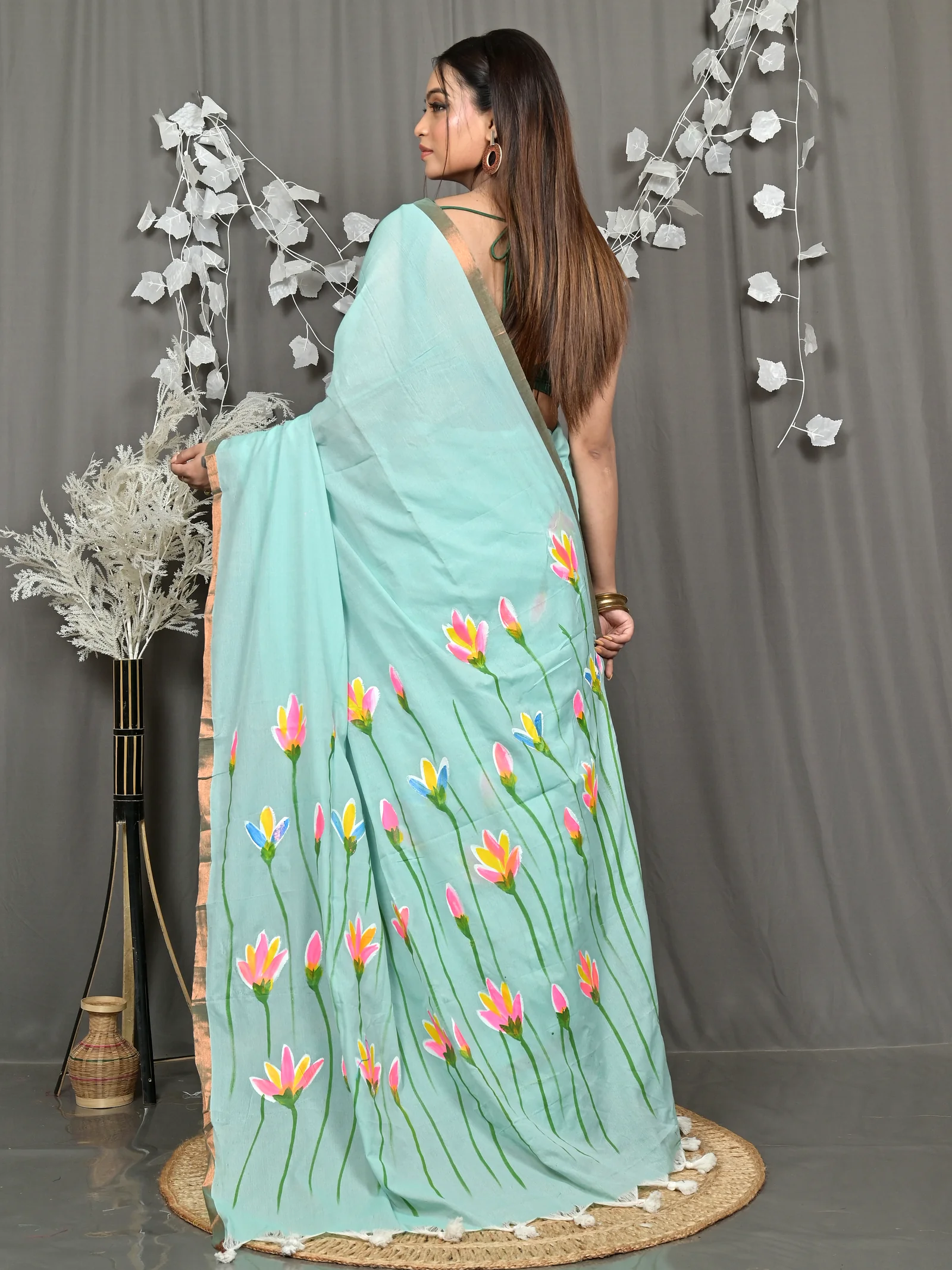See Green Pure Cotton Norah Hand Painted Saree (2274)