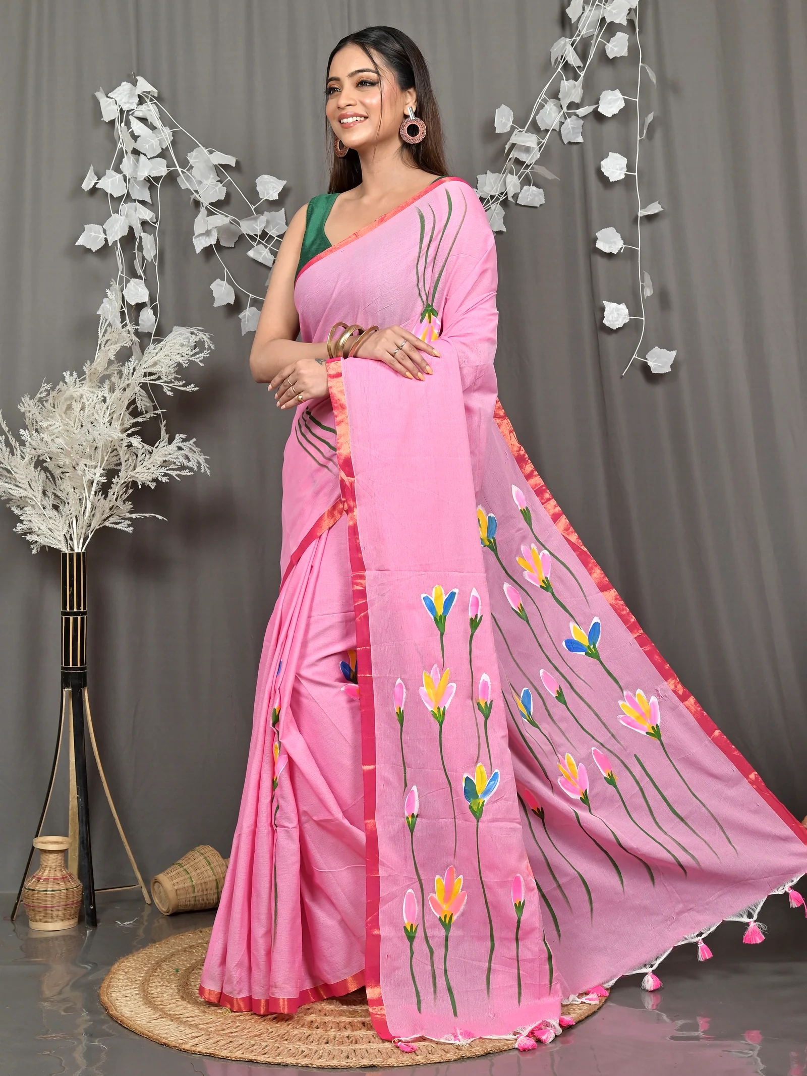 Peach Pure Cotton Norah Hand Painted Saree (2275)