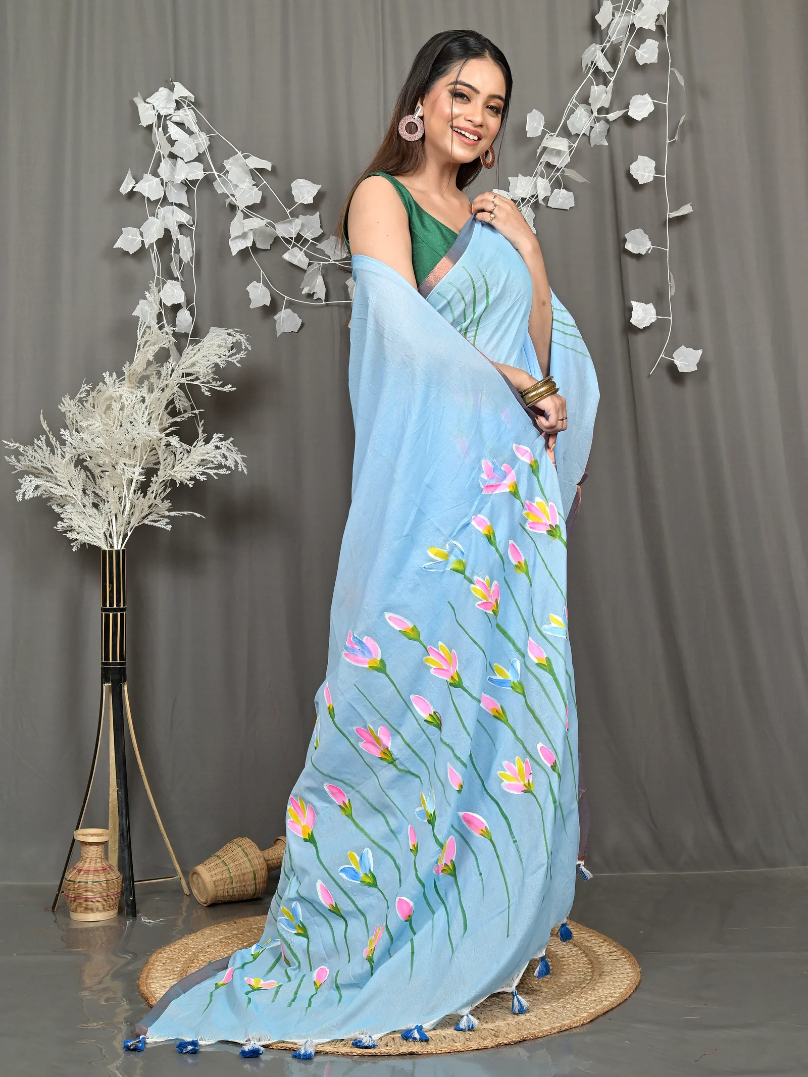 Sky Blue Pure Cotton Norah Hand Painted Saree (2277)