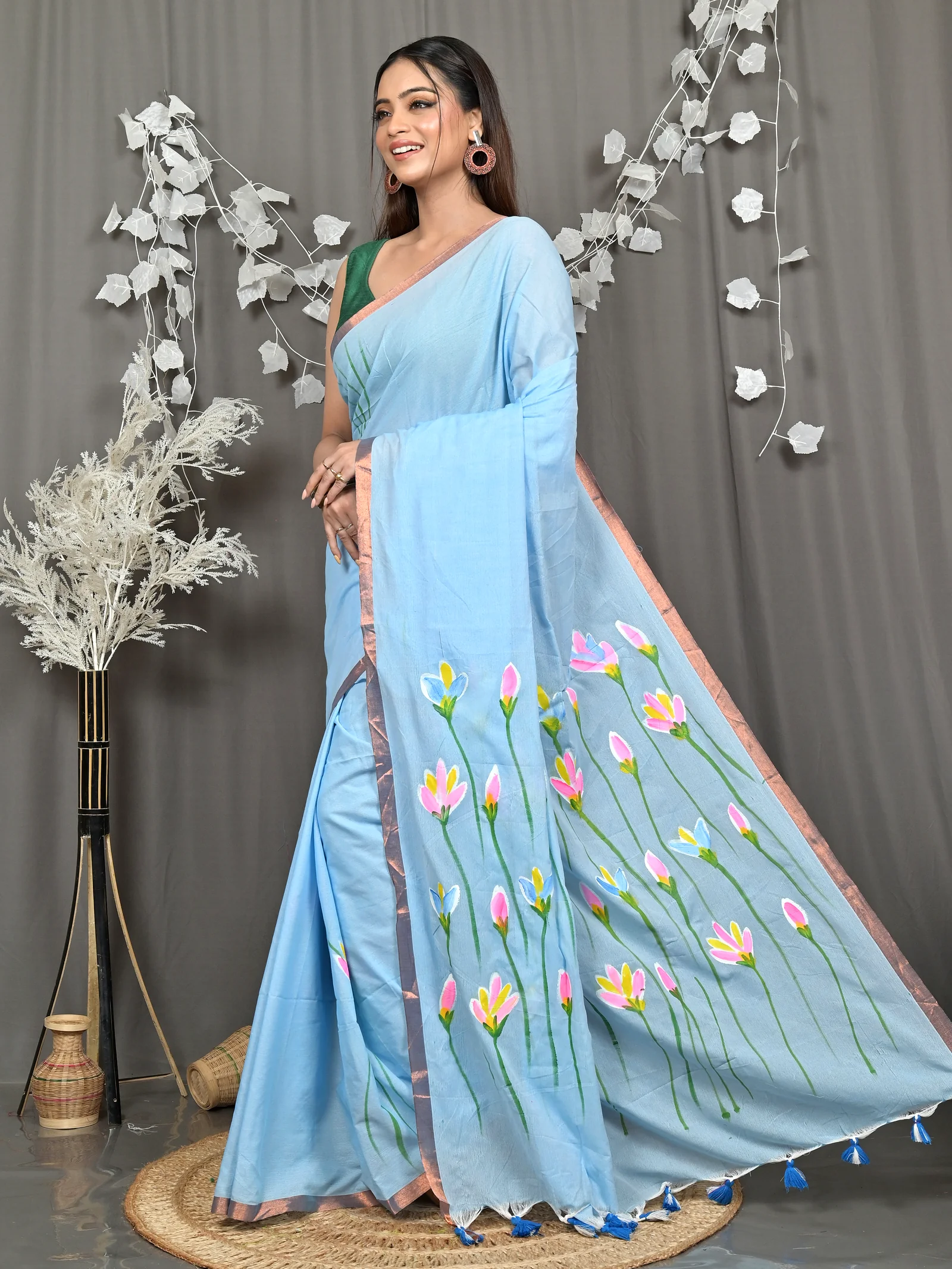 Sky Blue Pure Cotton Norah Hand Painted Saree (2277)