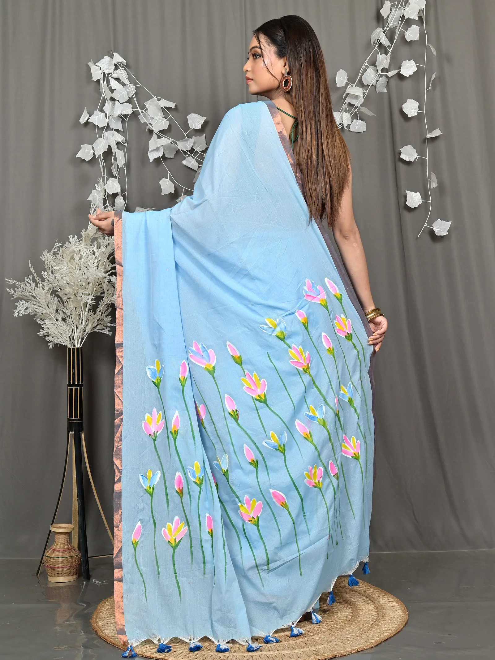 Sky Blue Pure Cotton Norah Hand Painted Saree (2277)