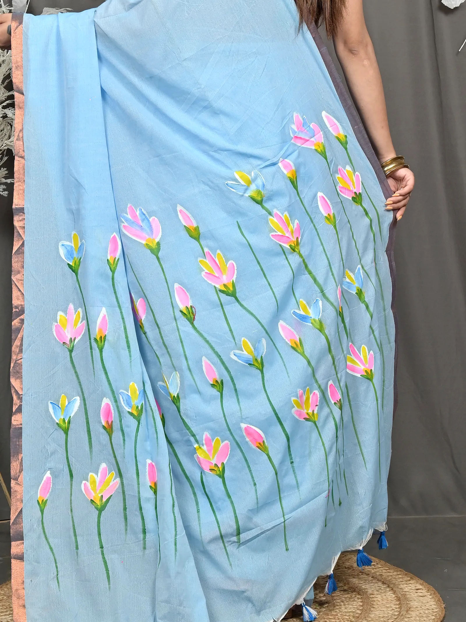 Sky Blue Pure Cotton Norah Hand Painted Saree (2277)