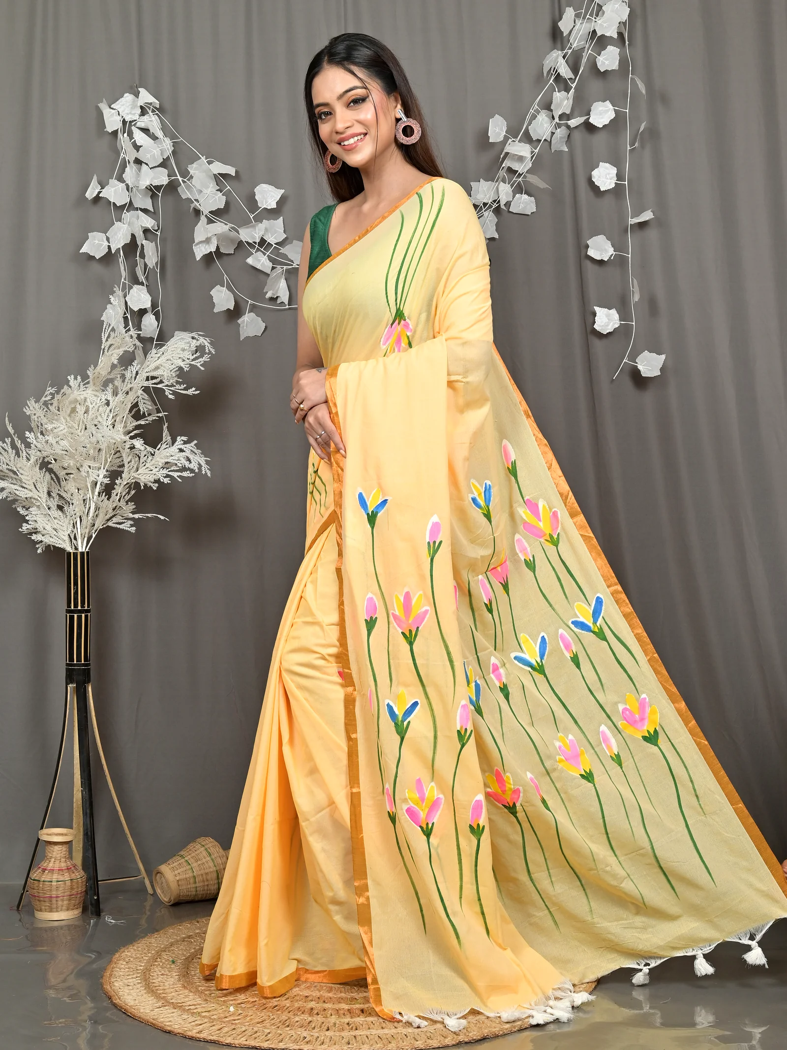 Yellow Pure Cotton Norah Hand Painted Saree (2278)