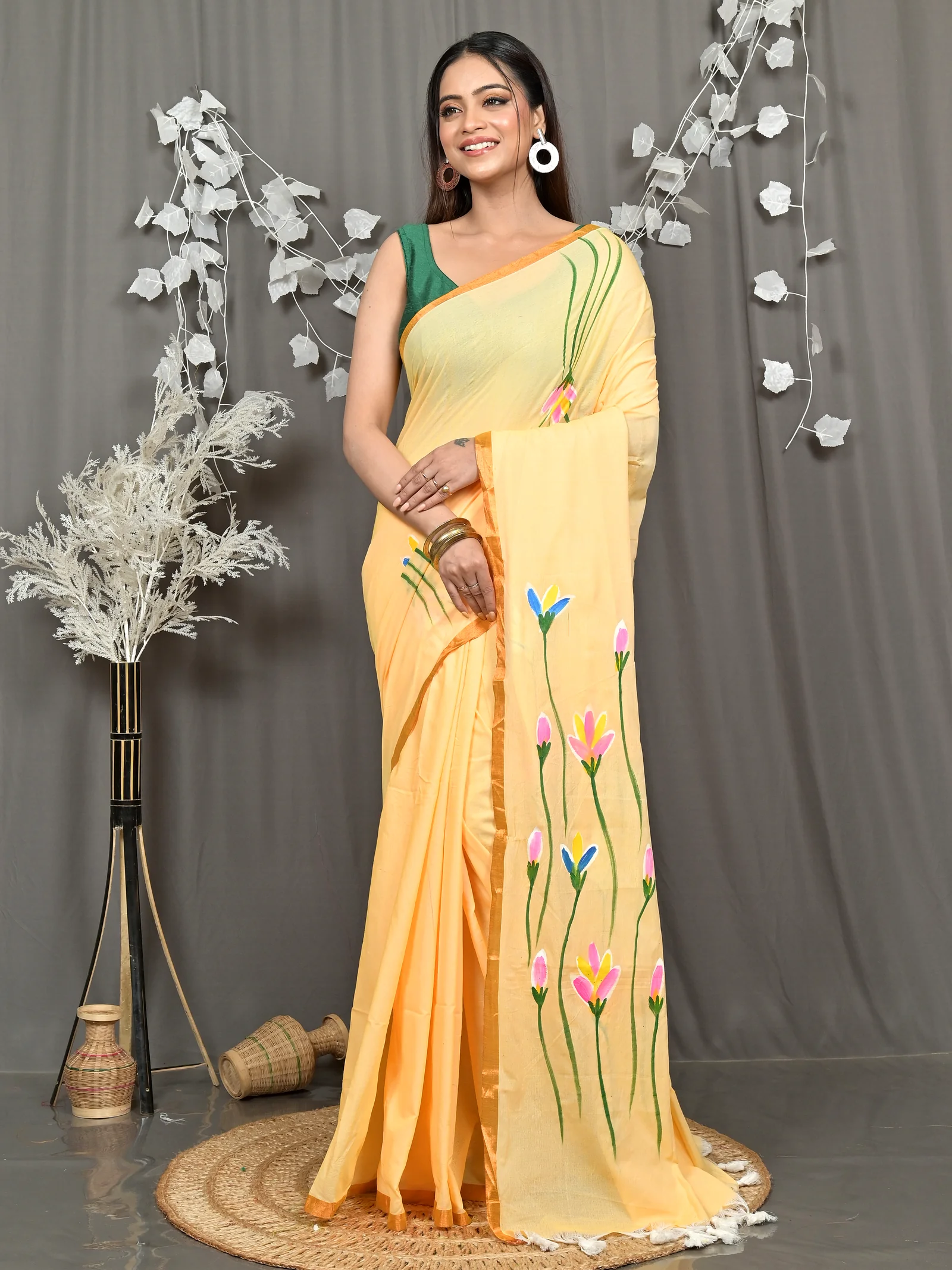 Yellow Pure Cotton Norah Hand Painted Saree (2278)