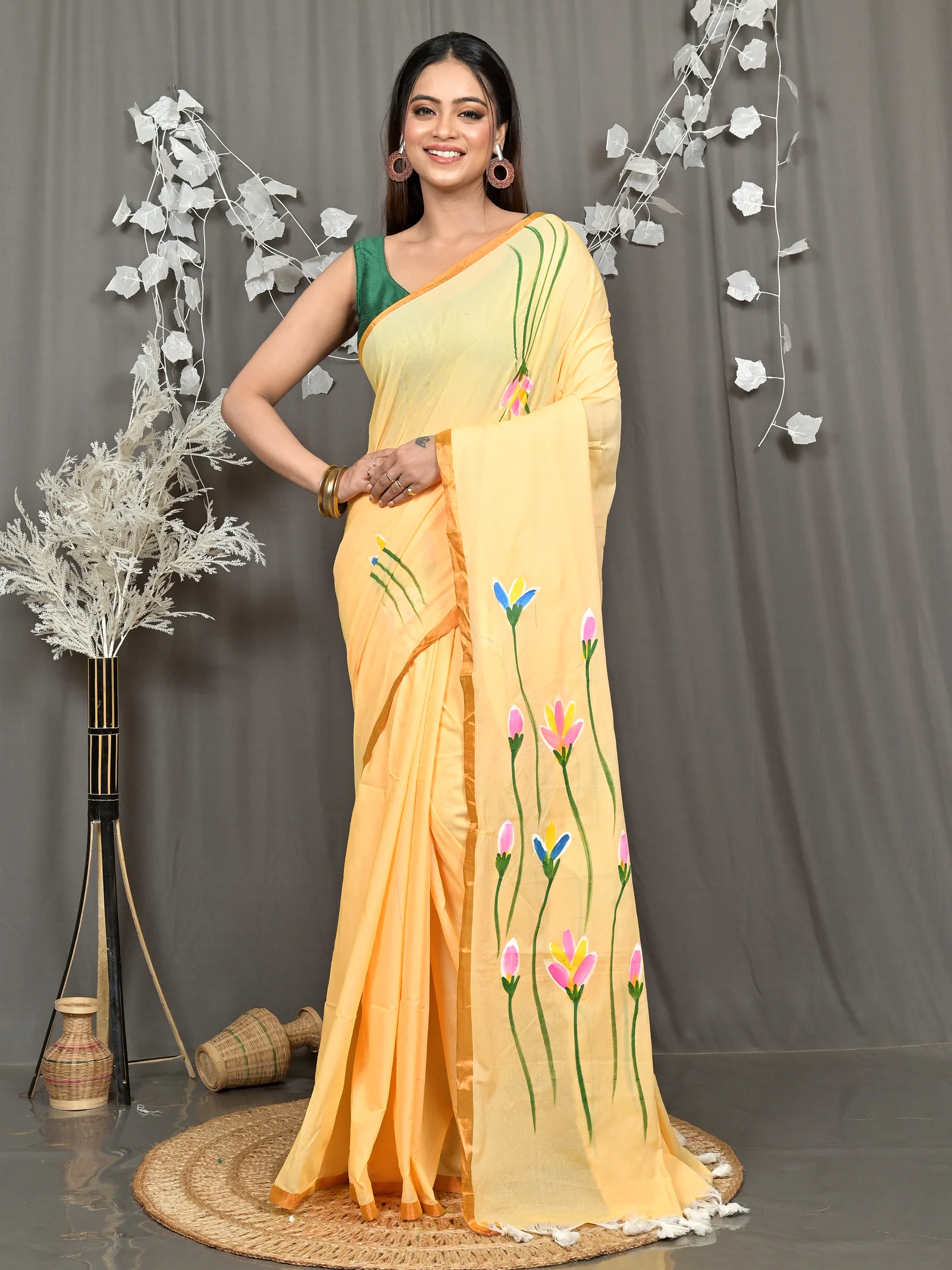 Yellow Pure Cotton Norah Hand Painted Saree (2278)