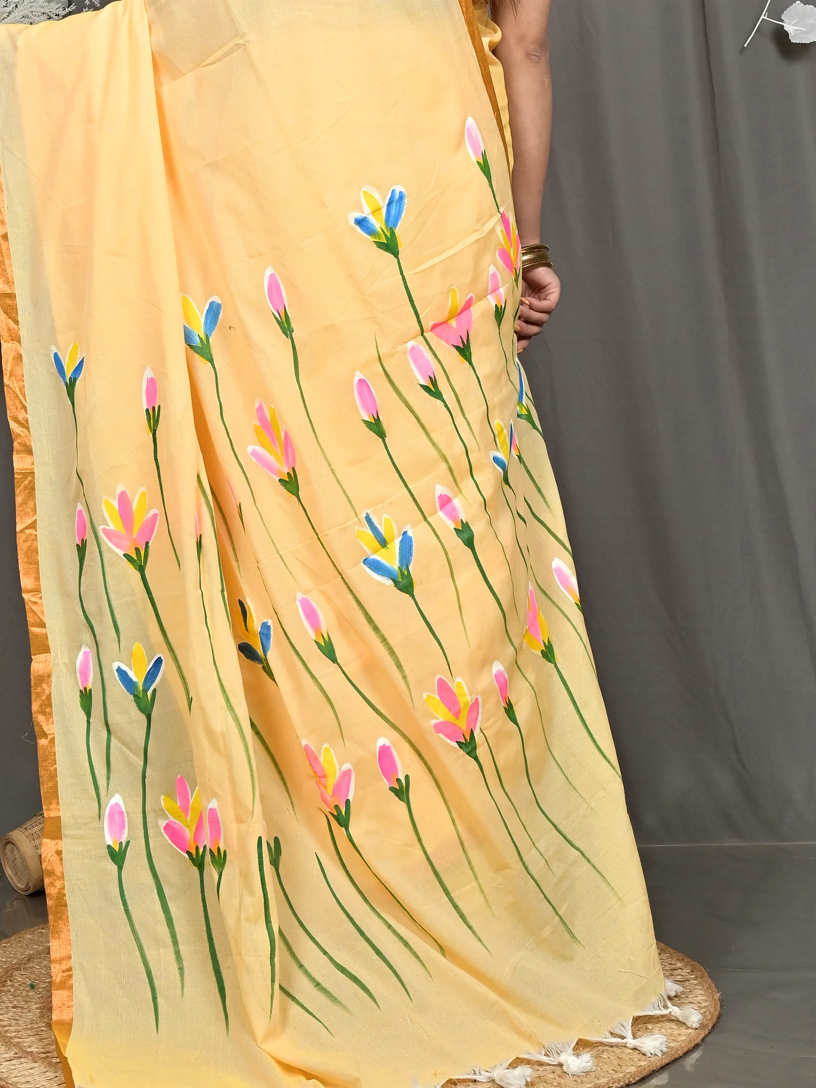 Yellow Pure Cotton Norah Hand Painted Saree (2278)