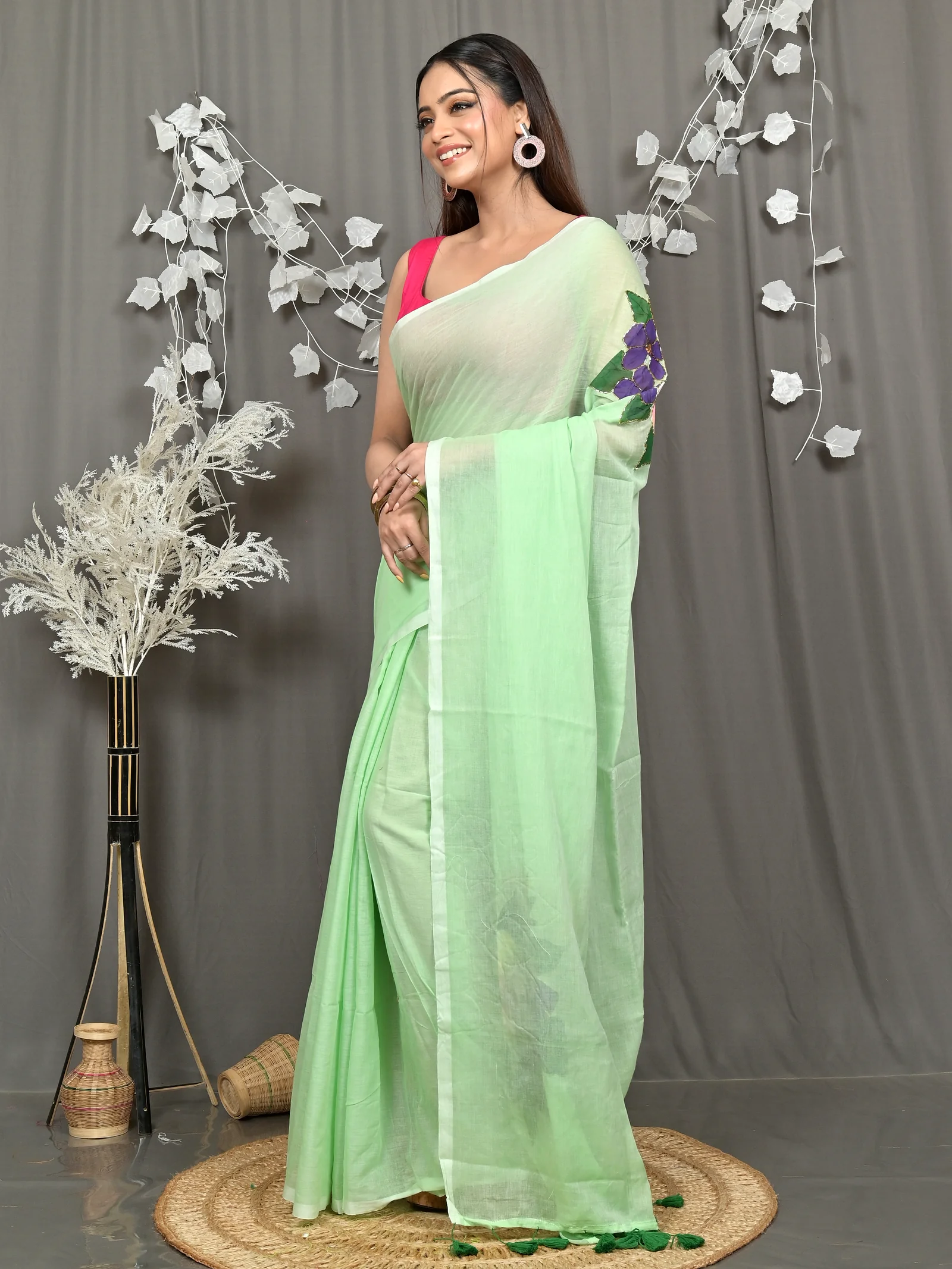 Light Green Pure Cotton Norika Hand Painted Saree (2279)