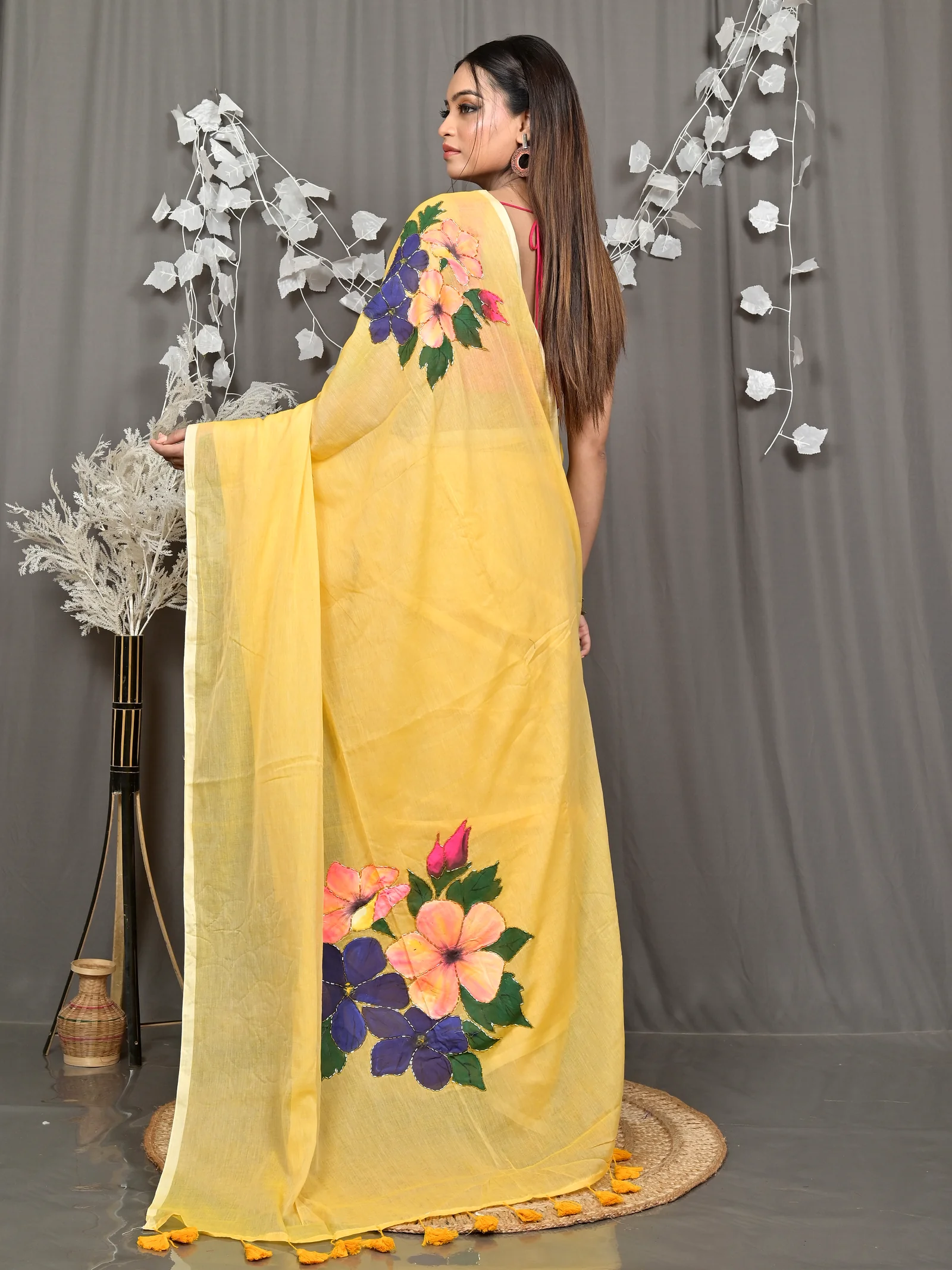 Yellow Pure Cotton Norika Hand Painted Saree (2281)