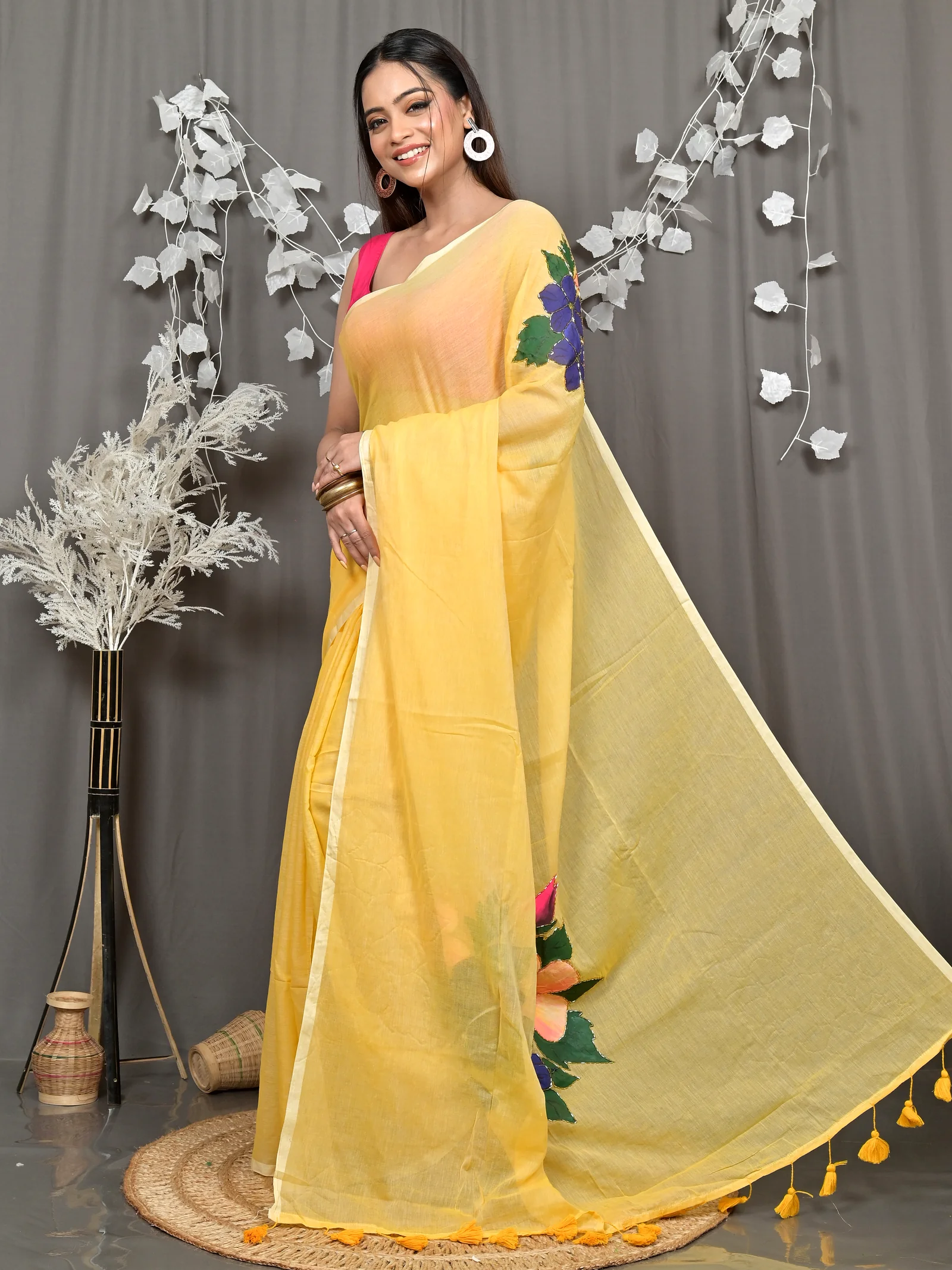 Yellow Pure Cotton Norika Hand Painted Saree (2281)