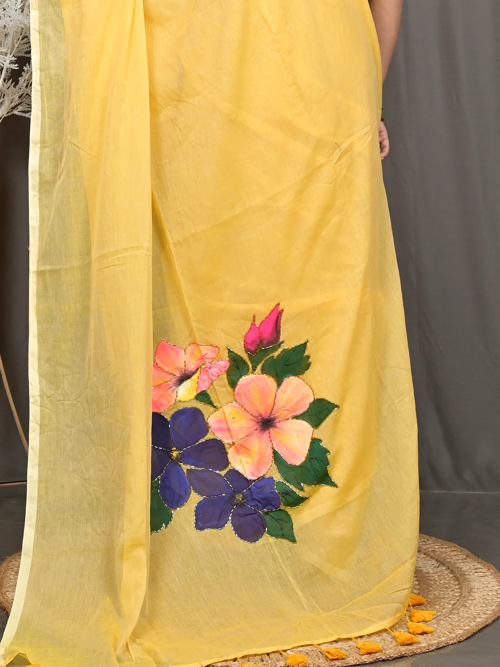 Yellow Pure Cotton Norika Hand Painted Saree (2281)
