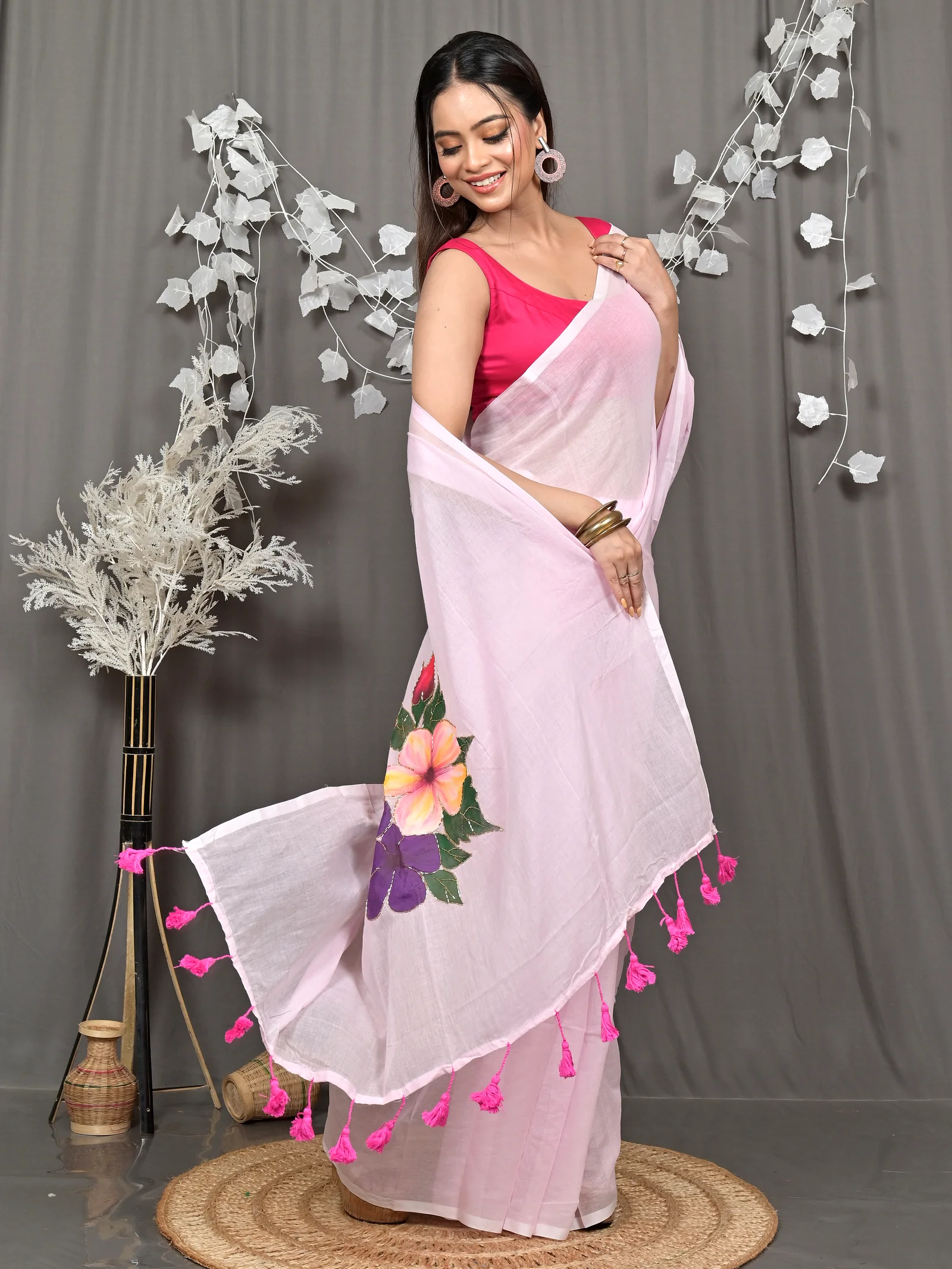 Baby Pink Pure Cotton Norika Hand Painted Saree (2282)