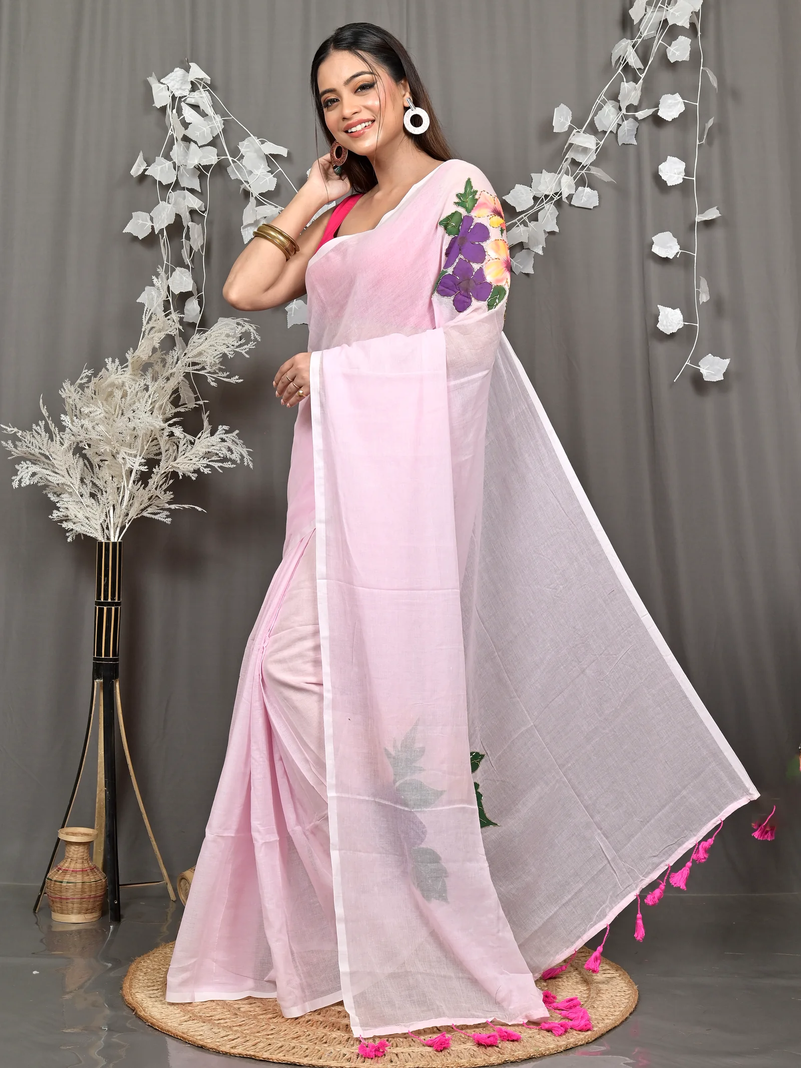 Baby Pink Pure Cotton Norika Hand Painted Saree (2282)