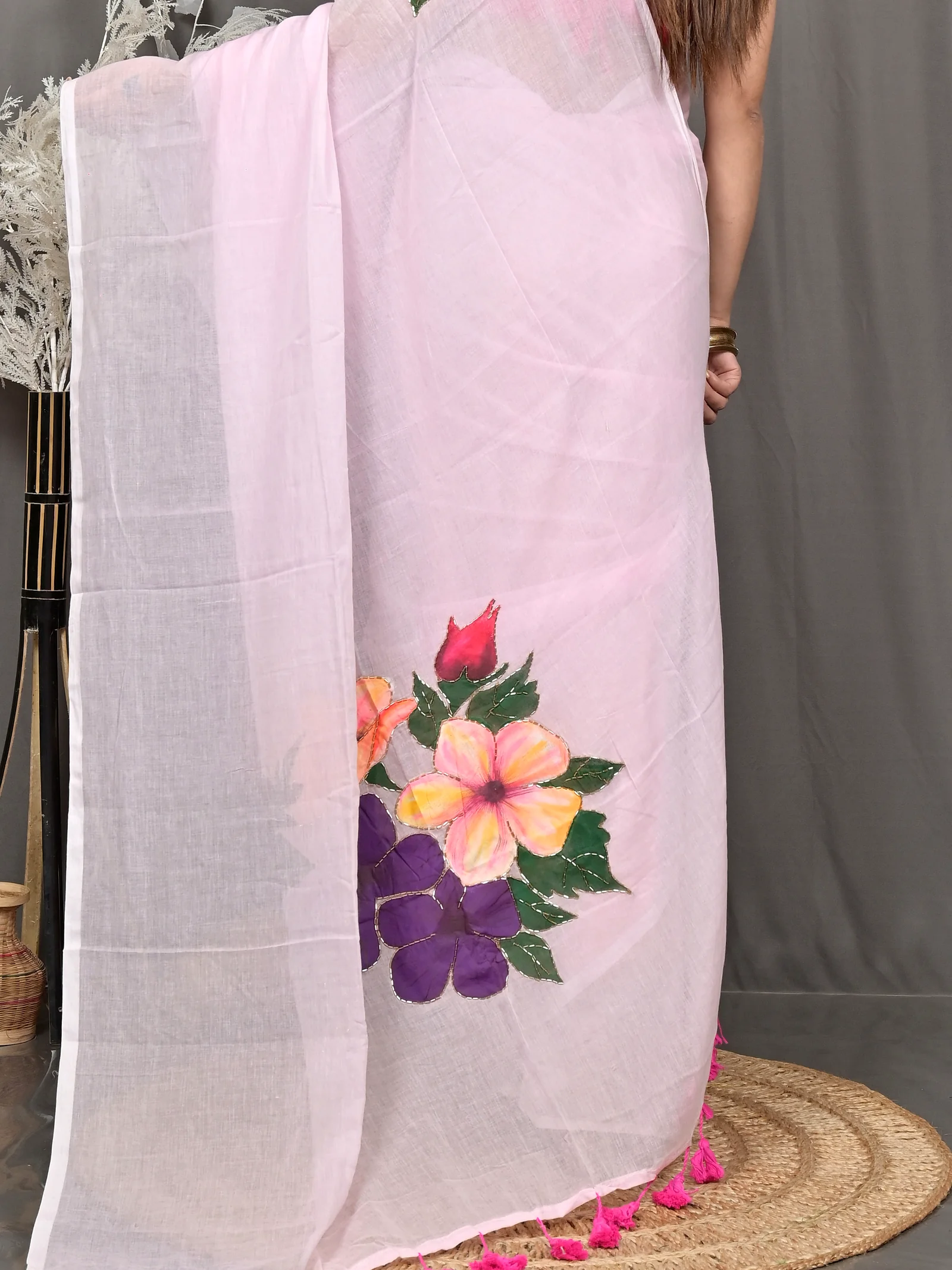 Baby Pink Pure Cotton Norika Hand Painted Saree (2282)