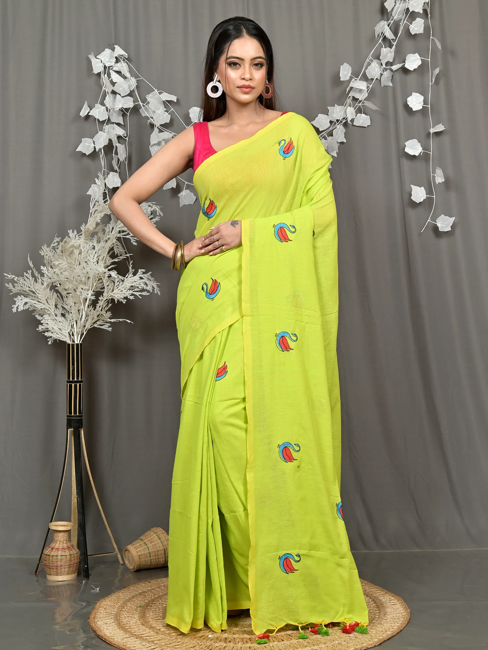 Green Pure Cotton Norvi Embroidery Handloom saree (2283)