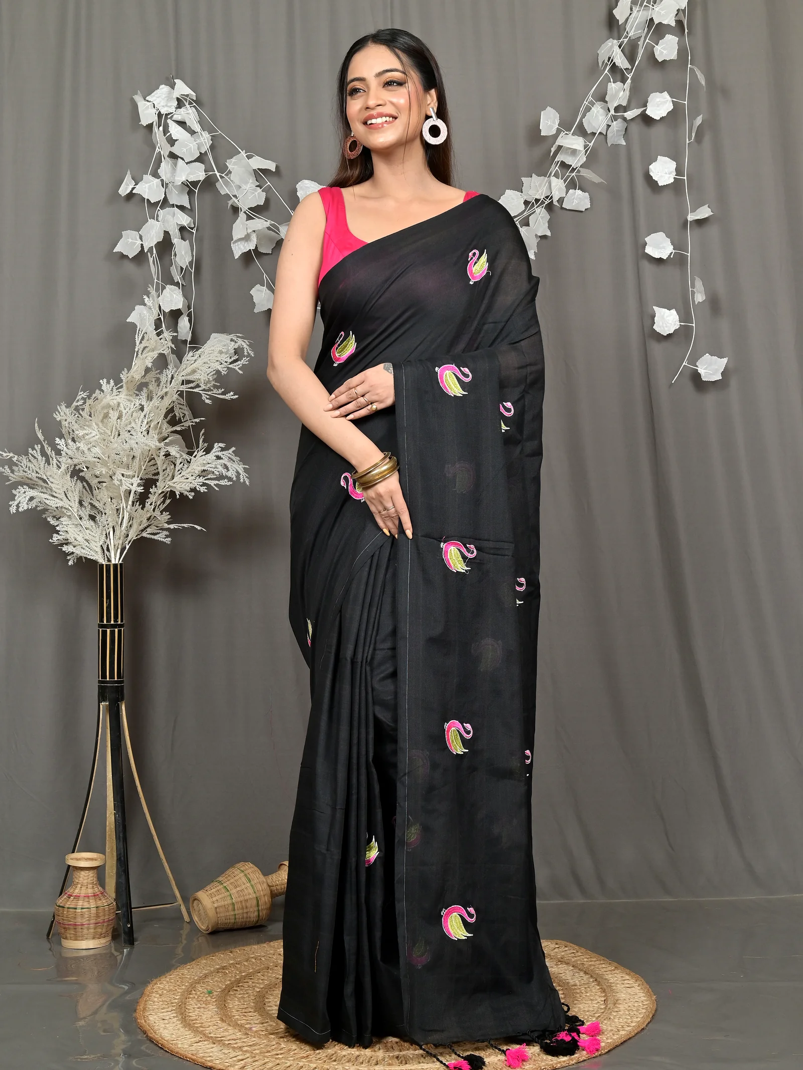 Black Pure Cotton Norvi Embroidery Handloom saree (2284)