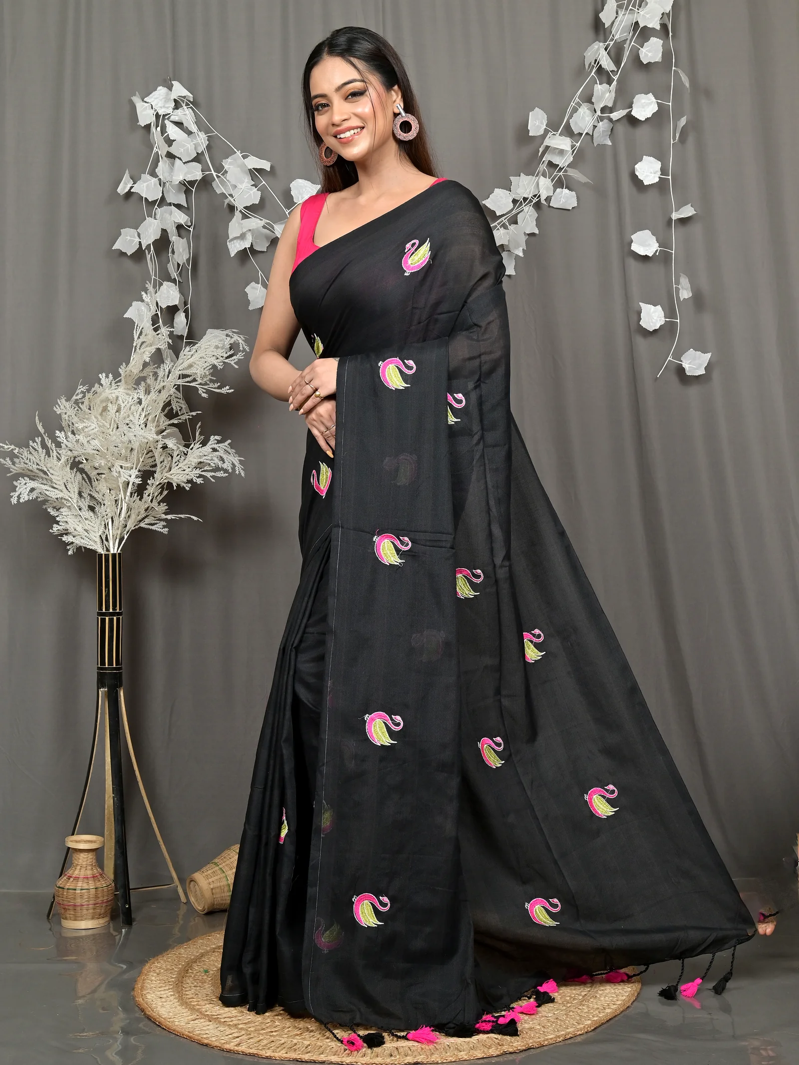 Black Pure Cotton Norvi Embroidery Handloom saree (2284)