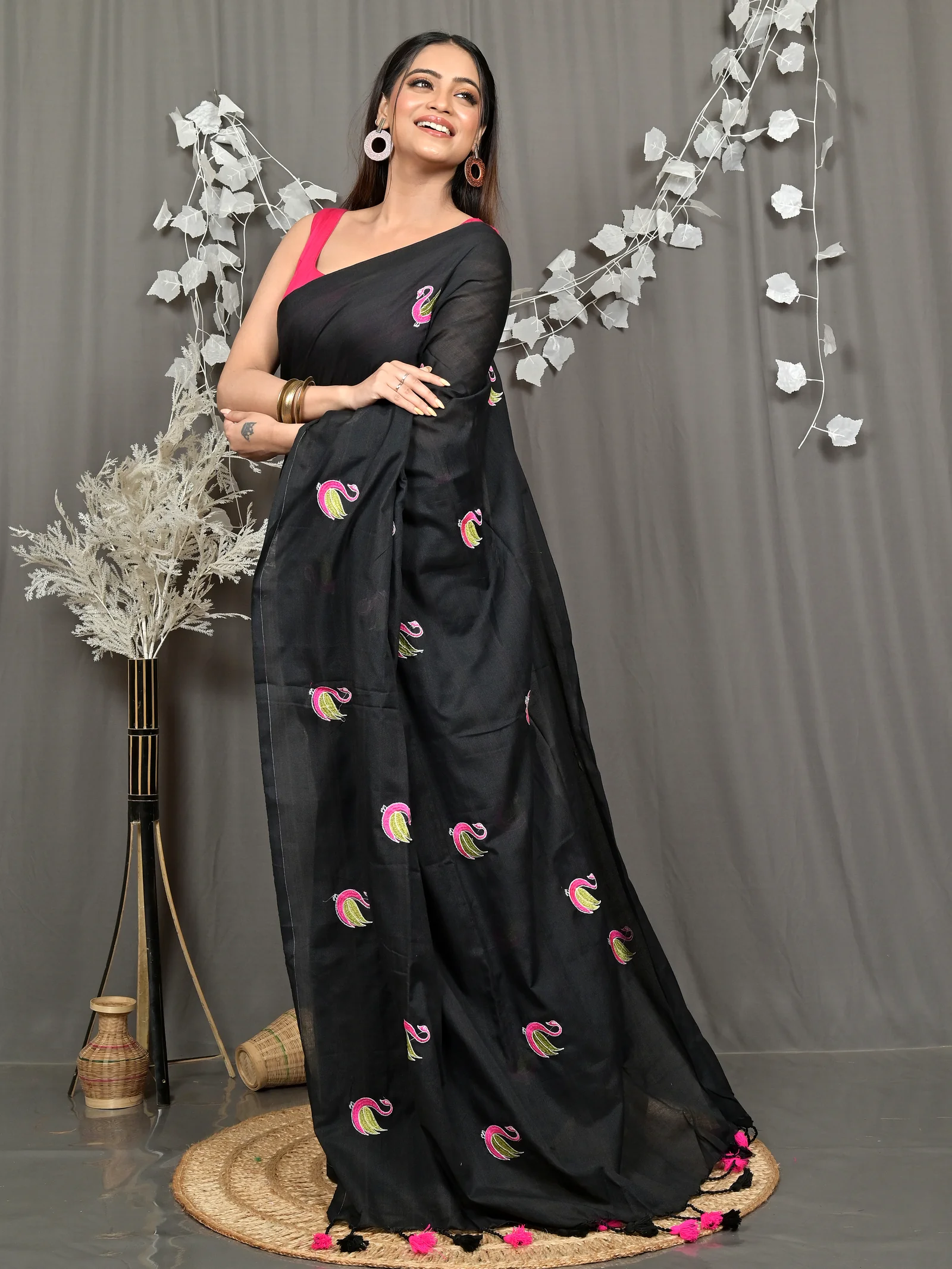 Black Pure Cotton Norvi Embroidery Handloom saree (2284)