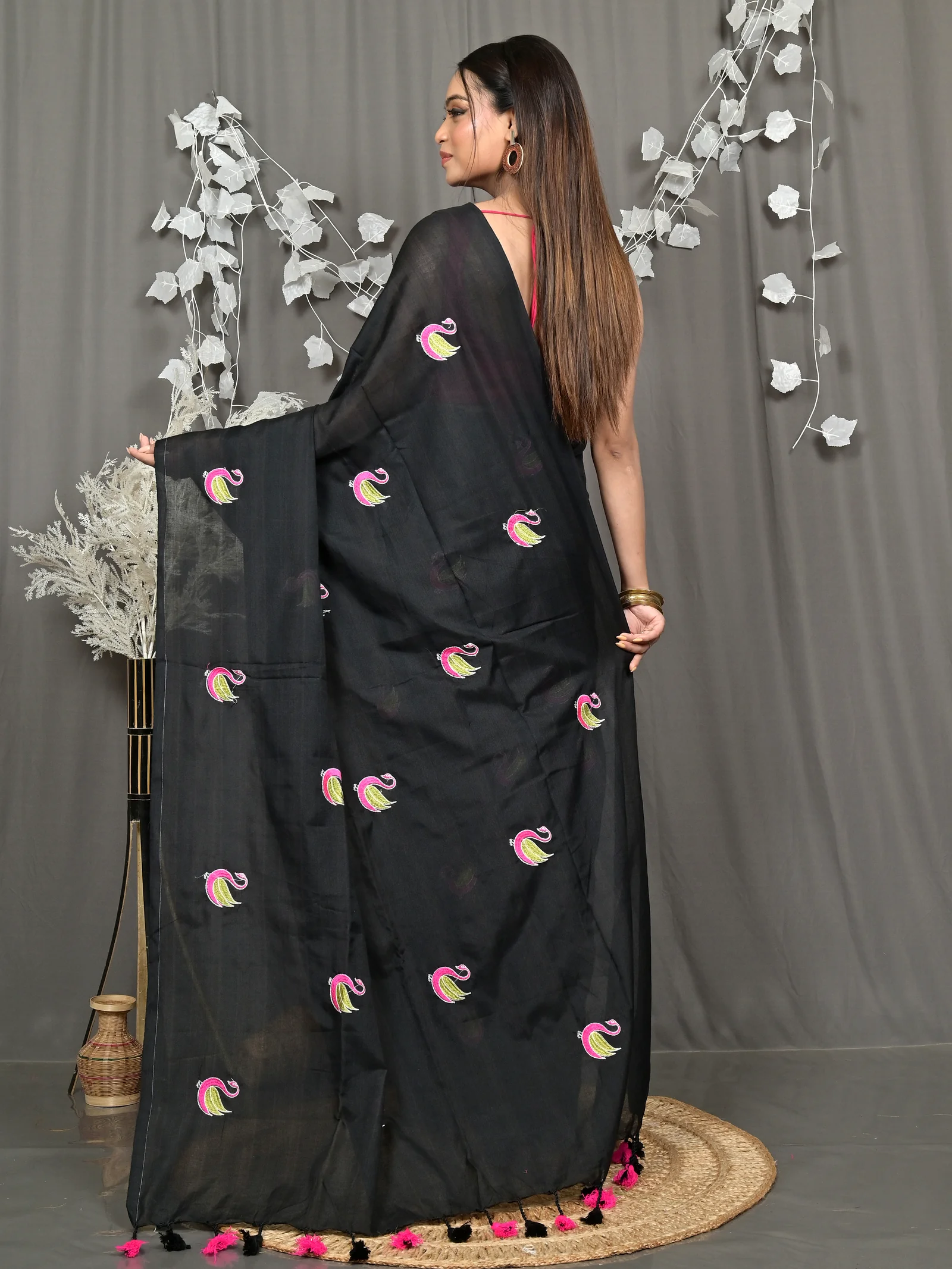 Black Pure Cotton Norvi Embroidery Handloom saree (2284)