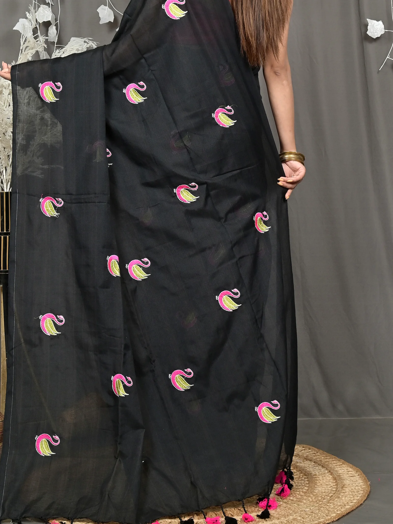 Black Pure Cotton Norvi Embroidery Handloom saree (2284)