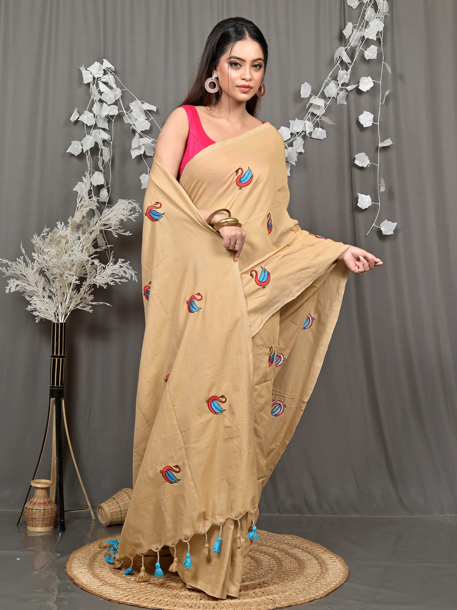 Brown Pure Cotton Norvi Embroidery Handloom saree (2285)