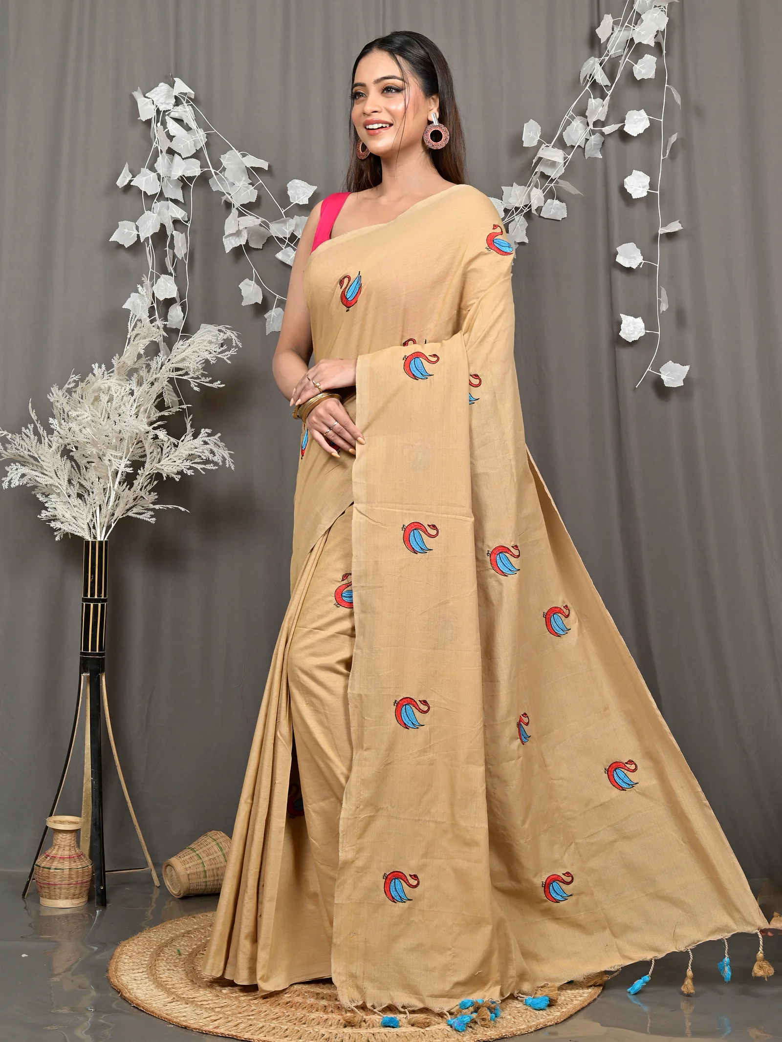Brown Pure Cotton Norvi Embroidery Handloom saree (2285)