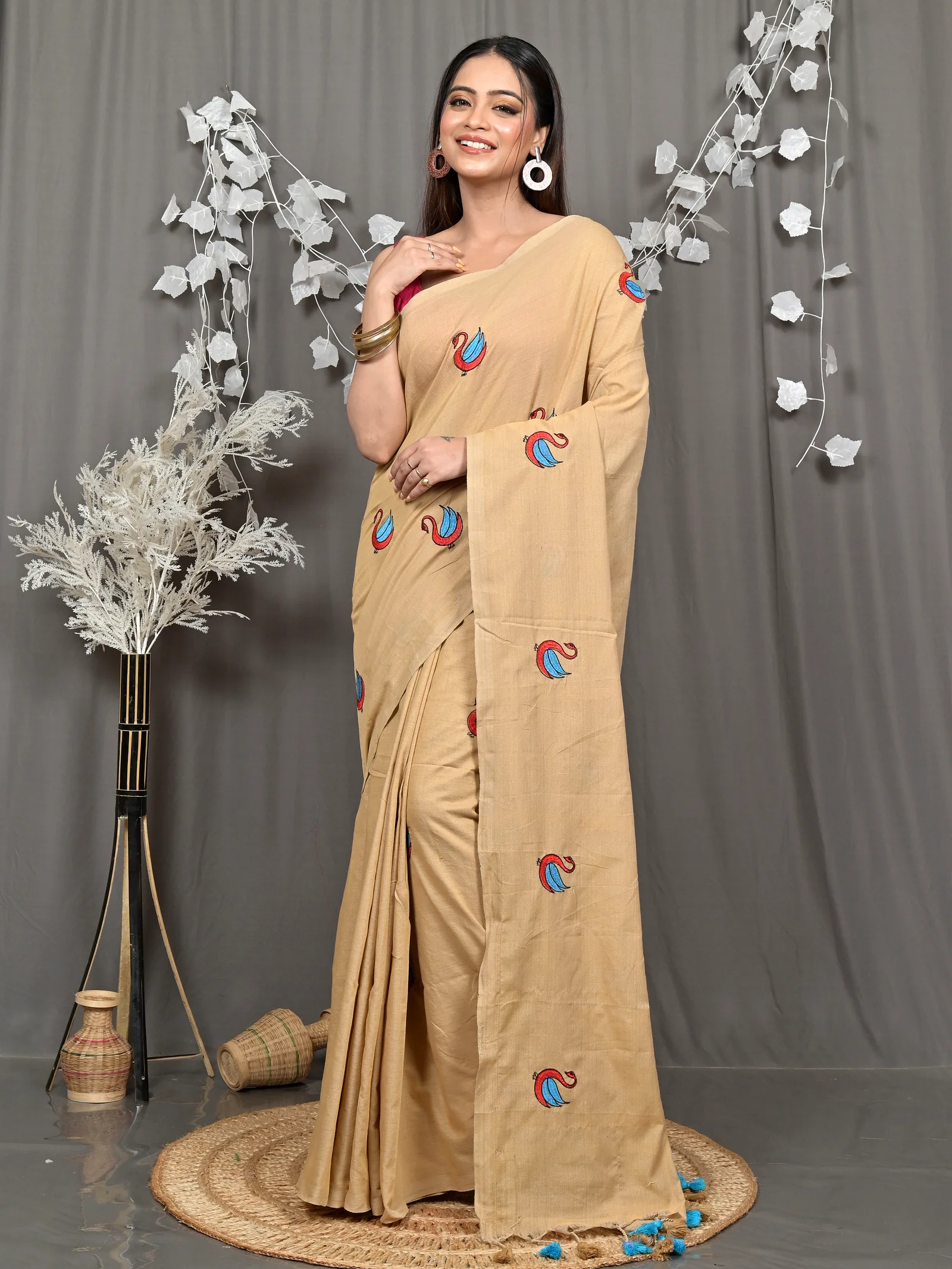 Brown Pure Cotton Norvi Embroidery Handloom saree (2285)