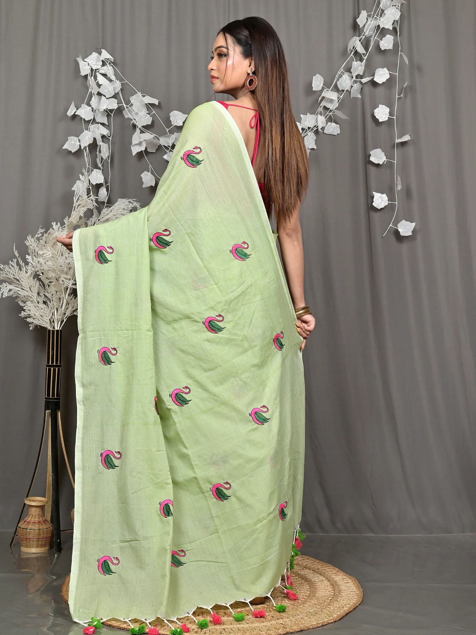 See Green Pure Cotton Norvi Embroidery Handloom saree (2286)