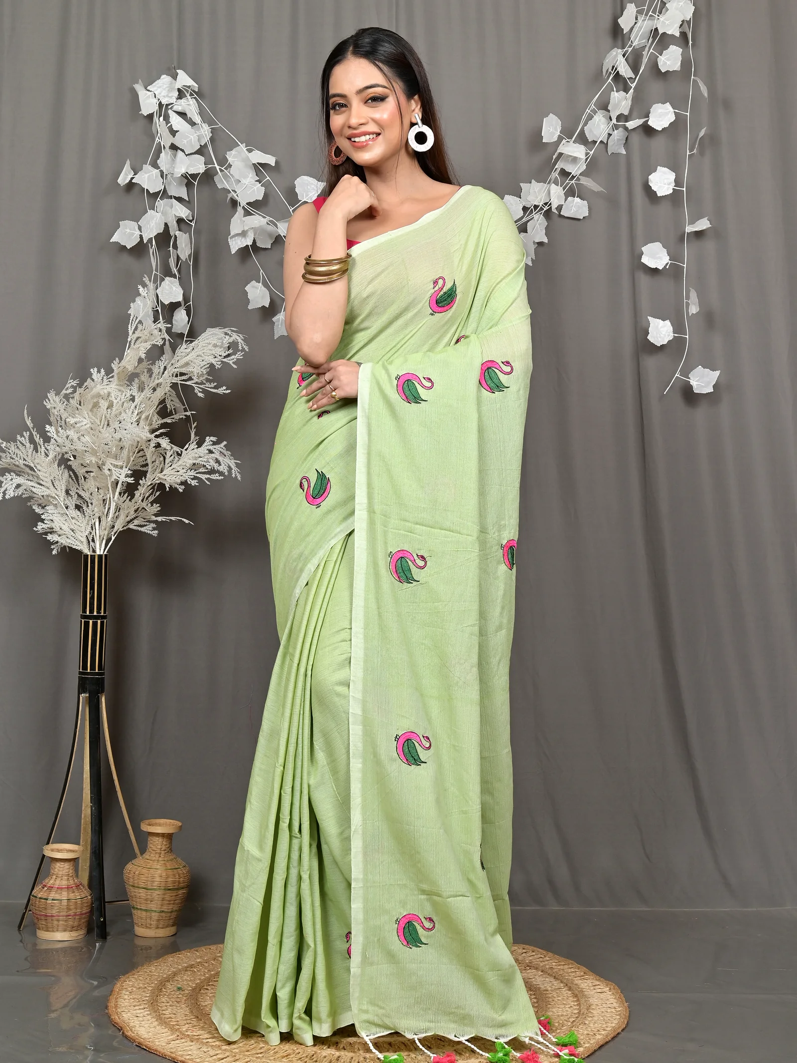 See Green Pure Cotton Norvi Embroidery Handloom saree (2286)