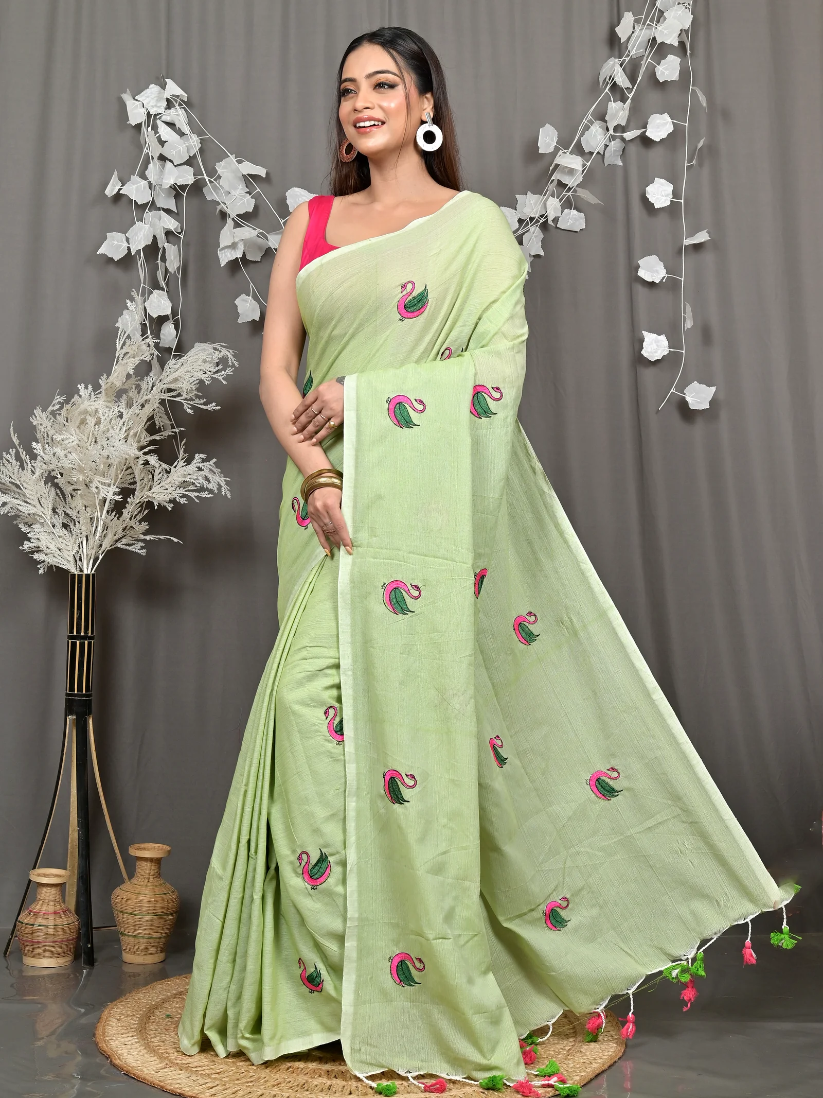 See Green Pure Cotton Norvi Embroidery Handloom saree (2286)